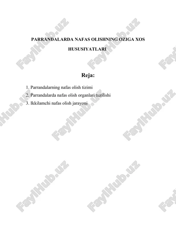 tagacha bo'lishi mumkin. havo qoplarining asosiy vazifasi havo oqimini tartibga solish, yengillikka hissa qo'shish va tanani sovutishdir. ayrim turlarida, masalan, qushlarda orqa, old, qovurg'a va bo'yin qismlarida havo qoplari bo'ladi. 4. **suyuqlik almashinuvi**: parrandalar suyuqlik almashinuviga ko'ra, ularning havo qoplari suyuqlikni nafas olish jarayonida ushlab qola oladi. bu esa ularga nafaqat parvozda, balki issiq va quruq sharoitlarda ham samarali nafas olish imkonini beradi. 5. **ventilyatsiya**: parrandalar o'ziga xos havoni aylantirish tizimi orqali ventilyatsiya qiladi. bu jarayon davomida, masalan, kaptarlar 10-15 soniyada bir marta to'liq ventilyatsiyalash sodir bo'ladi. ushbu tezkor aylanish imkoniyati parvoz vaqtida yuqori darajada energiya ta'minlash uchun zarurdir. 6. **karbondioksid chiqarish**: parrandalarning metabolik faolligi yuqori bo'lib, ular ko'p miqdorda karbondioksid chiqaradi. nafas olish jarayonida kislorodning kerakli darajada yetkazilishi va karbondioksidning tezda chiqarilishi juda muhimdir. bu tizimning mukammalligi tufayli parrandalar uzoq masofalarga parvoz qilganda yoki balandliklarda yuqori darajada jismoniy faoliyatni amalga oshirganda ham samarali nafas olish imkoniyatiga ega. umumiy qilib …