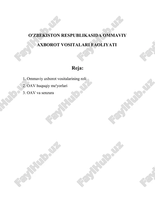 ittirishlari ham muhim o‘rin egallaydi. o‘zmtrk tarkibida bir nechta radiokanallar mavjud bo‘lib, ular milliy va xalqaro darajada eshittirishlar olib boradi. radio foydalanuvchilari soni ham yildan yilda oshib bormoqda. 2020-yilda olib borilgan tadqiqotlarga ko‘ra, o‘zbekistonda 10 millionga yaqin odam muntazam ravishda radiolarni tinglaydi. nashriyot va matbaa sohasida ham o‘zgarishlar kuzatilmoqda. hozirda o‘zbekistonda 1000 dan oshiq gazeta va jurnallar nashr etiladi. ular orasida ijtimoiy-siyosiy, iqtisodiy va madaniy sohalarga oid nashrlar mavjud. xususan, milliy va mintaqaviy darajadagi nashrlar o'z mavzulari bo'yicha katta auditoriyani jalb qiladi. internet axborot vositalari orasida yangilik saytlar eng ko‘p foydalaniladiganlardan biri hisoblanadi. o‘zbekiston hududida ko‘plab mahalliy yangilik portallari faoliyat ko‘rsatmoqda. ular orasida kun.uz, daryo.uz, gazeta.uz, xabar.uz kabi saytlar katta auditoriya e’tiboriga egalik qiladi. bu saytlar ko‘pincha o‘z yangiliklarini ijtimoiy tarmoqlarda ham tarqatadi, bu esa yangiliklarning kengroq auditoriyaga yetib borishini ta’minlaydi. shuningdek, 2022-yilda o'tkazilgan so'nggi tadqiqotlarga ko'ra, o'zbekistonda ijtimoiy tarmoqlar foydalanuvchilari soni 18 milliondan oshdi. facebook, instagram va telegram eng …