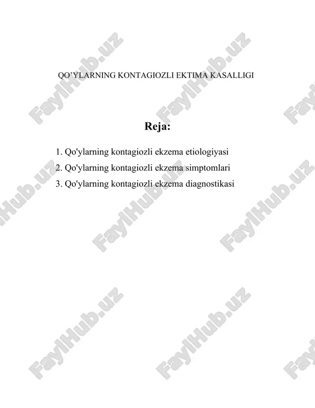 kontagiozniy ekzemasi asosan teri kasalligi hisoblanadi. tez-tez yuz, lab, peshona va tananing ba'zi qismida kichik shishlar, qizarishlar va yara-jarohatlar hosil bo‘ladi. ushbu jarohatlar keyinchalik qorayib, qatlana boshlaydi va teri yuzasida kuyalmalar hosil qiladi. 5. **habitat**: virus asosan ifloslangan yemish va suv orqali yuqadi. shuningdek, yuqtirish qo‘ylarning bir-biriga yaqin yashash joylarida va qiyoslanadigan sharoitlarda osonroq tarqaladi. kam gigiyena va sanitariya sharoitlari kasallik tarqalishiga keng hissa qo‘shadi. 6. **nazorat va oldini olish**: kasallikka qarshi eng samarali usullardan biri — yaxshi gigiyena sharoitlarni ta'minlash va kasallik belgilari aniqlanadigan hayvonlarni alohidalashdir. shuningdek, go‘sht va sutni yana ishlatilishdan avval qaynoq suvda ishlov beradi. 7. **profilaktika va immunizatsiya**: hozirgi kunda qo‘ylarning kontagiozniy ekzemasi uchun maxsus vaksinalar mavjud emas, lekin umumiy sanitariya ishlarini bajarish orqali kasallik tarqalishini oldini olish mumkin. virus mavjud bo‘lgan hududlarda muntazam ravishda hayvonlarni tekshirish va sog‘lomlashtirish ishlarini olib borish tavsiya etiladi. 8. **davolash**: kasallik, odatda, o‘z-o‘zidan bir necha hafta ichida chekinadi, ammo ikkinchi …