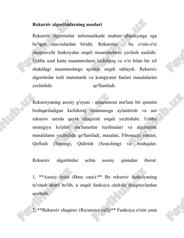 chilishini ko'dning ko'proq o'qilishi osonroq usulda yozishga imkon beradi. ammo rekursiya ko'p resurslarni talab qilishi mumkin, chunki har bir rekursiv chaqiruv stakda xotira bo'limini ishlatadi. masalan, fibonacci sonlarini hisoblashda rekursiv yondashuv ishlatilishi mumkin. fibonacci ketma-ketligi quyidagicha ta'riflanadi: - f(0) = 0, - f(1) = 1, - f(n) = f(n-1) + f(n-2) rekursiv algoritm: ``` function fibonacci(n) if n 1 bo'lsa bu joyda asosiy holatlar f(0) va f(1), rekursiv chaqiriqlar esa f(n - 1) va f(n - 2). yana bir misol – faktorial hisoblash. faktorial n! quyidagicha aniqlanadi: - n! = n * (n - 1)!, agar n > 0 bo'lsa - 0! = 1 bu holda asosiy holat 0! = 1, rekursiv chaqiriq esa n * (n - 1)!. rekursiv funksiyalar ba'zida ma'lum kamchiliklarga ega, masalan, ular stack (xotirada) ko'p joy egallashi mumkin. shu sababli, rekursiyaga asoslanib yozilgan dasturlar katta hajmdagi shartlarni ishlashda stack overflow xatolariga olib kelishi mumkin. bunday …