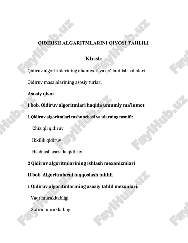 entni topish barcha elementlarni tekshirishni talab qiladi. yana bir samarali algoritm ikkilik qidiruv bo'lib, u tartiblangan massivlarda qo'llaniladi. ikkilik qidiruv quyidagi printsip bo'yicha amalga oshiriladi: har bir qadamda qidirilayotgan element massivning o'rtasida joylashgan element bilan taqqoslanadi. agar qidirilayotgan element kichikroq bo'lsa, qidirish massivning chap yarmida, aks holda - o'ngda davom etadi. jarayon element topilmaguncha yoki tekshirilishi kerak bo'lgan boshqa elementlar qolmaguncha takrorlanadi. ikkilik qidiruvning vaqt murakkabligi o(log n) dir, bu chiziqli qidiruvga qaraganda ancha tezdir. satrlarni qidirish kontekstida katta ilovalar matnli ma'lumotlar bilan shug'ullanadi, ular samarali pastki qator qidirish algoritmlarini talab qiladi. shunday algoritmlardan biri knuth-morris-pratt (kmp) algoritmidir. kmp algoritmi massivning "qisman mosligini" yaratish uchun naqshni (qidirilayotgan pastki qatorni) oldindan qayta ishlashdan foydalanadi, bu esa keraksiz tekshiruvlarni o'tkazib yuborishga yordam beradi. bu algoritmni sodda pastki qator qidirish algoritmiga qaraganda samaraliroq qiladi, vaqt murakkabligi o (n + m), bu erda n - matn uzunligi va m - naqsh uzunligi. boyer-mur amalda …