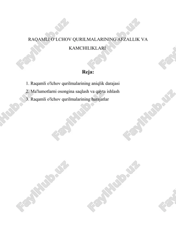 hmmeterlar elektr tok, kuchlanish va qarshilikni o'lchashda qo'llaniladi. mazkur qurilmalar aniqlik darajasi odatda ±0.1% dan ±2% gacha bo'lishi mumkin. kalibrlash jarayoni raqamli o'lchov qurilmalarining aniqlik darajasini ta'minlashda muhim rol o'ynaydi. kalibrlashda qurilma noto'g'ri ishlayotgan bo'lsa, sozlanadi va aniqligi maksimal darajaga keltiriladi. kalibrlash odatda sinov laboratoriyalarida amalga oshiriladi va davlat yoki xalqaro me'yorlarga asoslanadi. yana bir muhim aspekt - rezolyutsiya, ya'ni raqamli qurilmaning eng kichik o'lchov birligi. masalan, raqamli o'lchov qurilmasi 0,001 voltni ko'rsatishi mumkin bo'lsa, rezolyutsiyasi 1 mv deb aytiladi. rezolyutsiya yaxshiroq bo'lsa, qurilmaning aniqligi va noziklik darajasi yuqori bo'lishi mumkin. aniqlik darajasini ta'sir qiluvchi omillar qatoriga harorat, namlik, elektr shovqin va boshqa omillarning ham ta'siri mavjud. bu omillar o'lchov natijalariga salbiy ta'sir ko'rsatishi mumkin. shuning uchun raqamli o'lchov qurilmalari ishlatilayotgan joylarning sharoitlari ham muhim hisoblanadi. hozirgi kunda zamonaviy raqamli o'lchov qurilmalari yanada yuqori aniqlik va ishonchlilikni ta'minlash uchun turli texnologiyalarni qo'llaydi. masalan, ko'p vazifali integratsiya qilingan elektron sxemalar (iclar) …