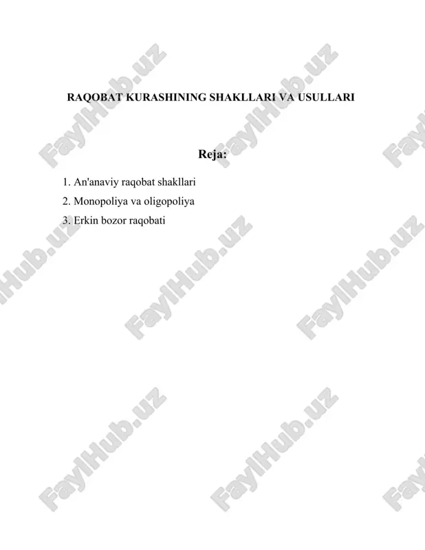 parametrlar, xizmat muddati, iste'molchilar baholari va boshqalar. uchinchi tur - **xizmatni yaxshilash orqali raqobat**. bunda kompaniyalar mijozlarga qo'shimcha xizmatlar ko'rsatib, raqobat ustuvorligini qo'lga kiritishga intiladilar. bunga tezkor mijozlar xizmati, kafolat va qayta sotish shartlari, sotuvdan keyingi xizmatlar va boshqalar kiradi. ushbu raqobat shakli iste'molchilarni qondirish darajasiga bog'liq bo'lib, xarajatlar bo'yicha qiyinchiliklarni kamaytirishi va kompaniyaga nisbatan yuqori sodiqlik yetkazishi mumkin. to'rtinchi tur - **marketing strategiyalari orqali raqobat**. bu usulda kompaniyalar o'z mahsulot yoki xizmatlarini reklama orqali yoki boshqa marketing vositalari yordamida raqobatchilarnikidan ajratishga harakat qiladilar. marketing strategiyalari o'z ichiga reklamaga sarflanadigan mablag'lar, turli aksiyalar va chegirmalar, ijtimoiy tarmoqlarda va media-resurslarda faol targ'ibotlarni oladi. raqobatning bu turi bozor ulushini oshirish va yangi iste'molchilarni jalb qilishni maqsad qiladi. an'anaviy raqobat shakllarida iqtisodiy ko'rsatkichlar muhim rol o'ynaydi. misol uchun, **o'zbekiston** iqtisodiyotidagi raqobat dinamikasi haqida ma'lumot beradi. 2022 yilda o'zbekistonda kichik va o'rta biznes subyektlari soni **548 000** dan oshgan. rasmiy statistikaga ko'ra, 2021-2022 yillarda …