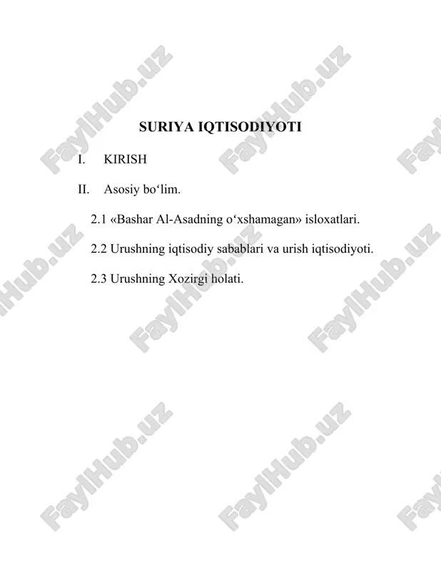 rta dengiz havzasiga mansub boʻlgan osi daryosi va shimolda hims koʻli bor. platoda boʻz tuproqli qumloqqumoq choʻllar, janubda toshloqshagʻalli hamada anchagina maydonni egallagan. pasttekisliklarda shoʻrxok yerlar uchraydi. sharqiy tavr togʻ oldi boʻz jigar rang va jigar rang tuproqdan iborat, dengiz boʻyida sariq tuproq, balandlashgan sari tog jigar rang va togʻoʻrmon tuproqli yerlar boshlanadi. ansoriya togʻining sharqiy yon bagʻrida togʻ dashtlari uchraydi. sohil va togʻ yon bagʻirlaridagi oʻrmonlarda eman, qaragʻay, sarv daraxtlari oʻsadi, lavr butazorlari bor. hayvonot dunyosi sirtlon, boʻri, chiyaboʻri, qoraquloq, jayran, yovvoyi eshak (onagr), kemiruvchi va sudraluvchilar, togʻlarda suriya ayigʻi, toʻngʻiz, oʻrmon mushugi va boshqalardan iborat. suriya – agrarindustrial mamlakat. yalpi ichki maqsulotda qishloq xoʻjaligi.ning ulushi 26%, sanoatning ulushi 21%, xizmat koʻrsatish bu sohasining ulushi 53%. qishloq xoʻjaligida mehnatga layoqatli aholining 50%ga yaqini shugʻullanadi. 3,7 mln. gektar yerda dehqonchilik qilinadi, shundan 500 ming ga sugʻoriladi. asosiy qishloq xoʻjaligi. ekinlari: bugʻdoy, arpa, paxta, tamaki, qand lavlagi; sholi, yer yongʻoq, sabzavot, …