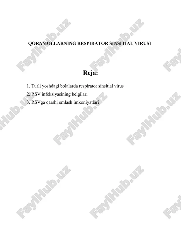 ga yotqiziladi. 4. mortalitet va morbiditet: rsv sayoz nafas olish, ovqat emmaslik va uyqu buzilishi kabi jiddiy alomatlarni keltirib chiqarishi mumkin. rsv bronxiolitidan o‘lish hollari juda kamdan-kam uchraydi, ammo har yili rsv tufayli butun dunyoda ko‘plab chaqaloqlar va yosh bolalar o‘limiga sabab bo‘ladi. dunyo bo‘yicha taxminan 100 000 dan 200 000 gacha yosh bola rsv tufayli hayotini yo‘qotadi. 5. imkoniyatsiz faktorlar: chaqaloqlarning muddatidan oldin tug‘ilishi, past tana vazni, oilaviy anamnezda astma yoki yashash sharoitlari kabi omillar rsv infektsiyasining og‘ir kechishiga ta'sir etuvchi muhim faktorlaridir. 6. emizish va himoya: emizish rsvga qarshi ma'lum himoya darajasini ta’minlashi mumkin, chunki ona sutidagi antikorlar chaqaloqni bu infektsiyalardan himoya qiladi. statistik ma'lumotlar rsvning eng kamida 18 numfiyalarda rsvga qarshi yuqori sezuvchanlik mavjudligini ko‘rsatmoqda. 7. og‘ir infektsiyalarda davolash: rsvga qarshi maxsus vaksina mavjud emas, lekin ba'zi antiviral dorilar qisqa muddatli himoya vazifasini bajarishi mumkin. qo‘shimcha qilib, jiddiy holatlarda nafas olishni qo‘llab-quvvatlovchi yordam beruvchi vositalar ishlatiladi. 8. …