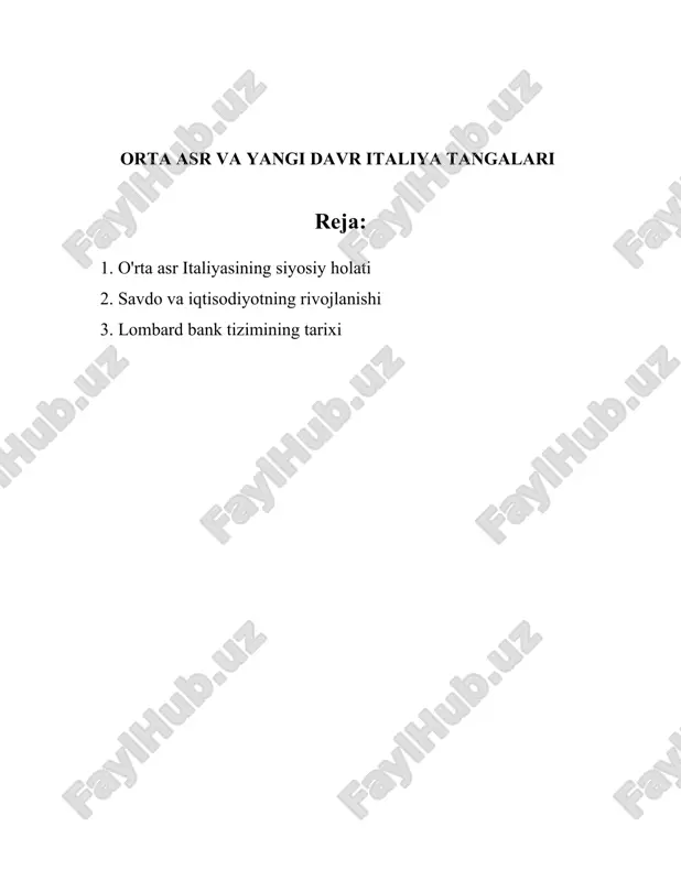 asalan, 1183 yilda konstanta sulhi orqali milan, pavia, parma, venetsiyaliklar, genuyaliklar gʻarbiy rim imperatori tomonidan rasmiy tan olinadi. janubiy italiyada esa normanlar davlati, keyinchalik sitsiliya qirolligi tashkil topgan. 1130 yilda norman sarkardasi rojer ii siciliya qirolligini tashkil etdi. bu davrda siciliya qirolligi italiyadagi eng qudratli davlatlardan biri boʻlib qoldi. 13-asrda italiyada germal imperatorlar va papalar oʻrtasidagi kurash kuchaygan. bu kurash gibelinningo‘ qaldirilgan; gvelflar va gibelinninglar o‘rtasidagi ixtilof. gvelflar papani qo'llab-quvvatlaganlar, gibelinninglar esa imperatorni qo'llab quvvatlaganlar. florensiya – medici oilasi boshqaruvida edi. magna kartani imzolash yilida medici oilasi florensiyaning iqtisodiy va madaniy yuksalishiga ulkan yordam ko'rsatdi. o'sha paytda florensiya europaning moliyaviy va savdo shaharlaridan biriga aylandi. venetsiya – dengiz qudrati sifatida o'zining mustaqilligini saqlab qoldi va 13-asrning oxiriga kelib, boson mintaqalaridagi savdo ustunligini mustahkamladi. bu davrda turli urushlar va diplomatik aloqalar orqali o'z mavqeini mustahkamladi. xulosa qilib aytganda, oʻrta asr italiyasi juda koʻp siyosiy oʻzgarishlarga boy boʻlib, u koʻp sonli shaharlik …