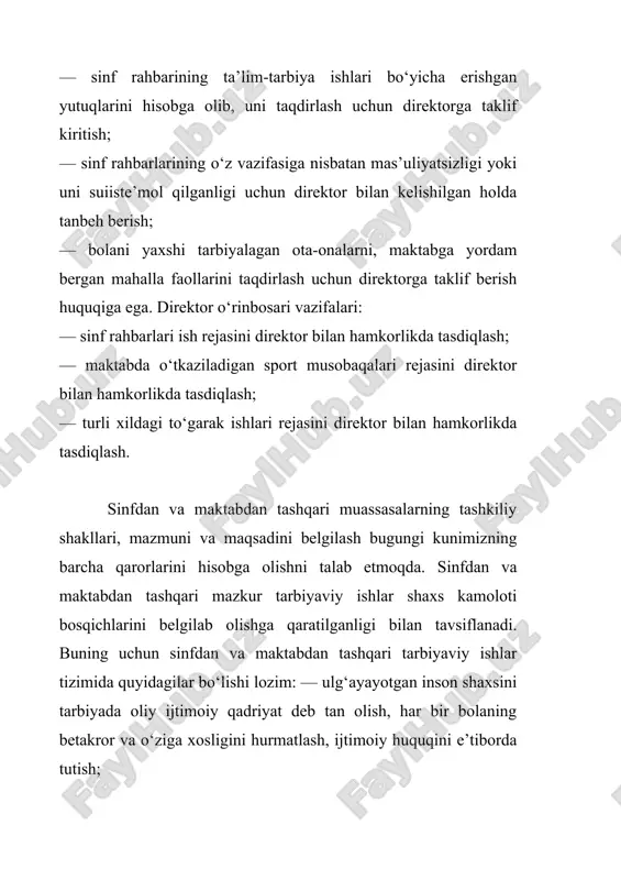 shga qaratilganligi bilan tavsiflanadi. buning uchun sinfdan va maktabdan tashqari tarbiyaviy ishlar tizimida quyidagilar bo‘lishi lozim: — ulg‘ayayotgan inson shaxsini tarbiyada oliy ijtimoiy qadriyat deb tan olish, har bir bolaning betakror va o‘ziga xosligini hurmatlash, ijtimoiy huquqini e’tiborda tutish; — milliylikning o‘ziga xos an’ana vositalariga tayanish; — pedagoglar va o‘qituvchilar o‘rtasida o‘zaro hurmat munosabatlarini shakllantirish; — maktabning jamoat tashkiloti, otaliq qiluvchi korxonalar bilan aloqasini mustahkamlash; — bolalar nazoratsizligi va qonun buzilishining oldini olish; — yashash joyi bo‘yicha bolalarning bo‘sh vaqtini tashkil etish; — o‘quvchilarning oilalariga borish va bolalarni tarbiyalashda ularga yordam berish; — yosh avlodning vatanga, jamiyatga va mehnatga, o‘ziga va odamlarga munosabatini anglab olishga qaratilgan axloqiy tuyg‘ularini tarbiyalash. tarbiyaviy ishlar bolalarning kundalik hayotidan olingan aniq dalillar va voqealarni, badiiy adabiyot, vaqtli matbuot, kinofilmlardan olingan misollarni tahlil etish hamda muhokama qilish asosida o‘tkaziladi. bu ishlarning xususiyati shundaki, bu bolalarni o‘zining axloqiy xatti-harakatlari haqida mulohaza yuritishga va ularga to‘g‘ri baho berishga …