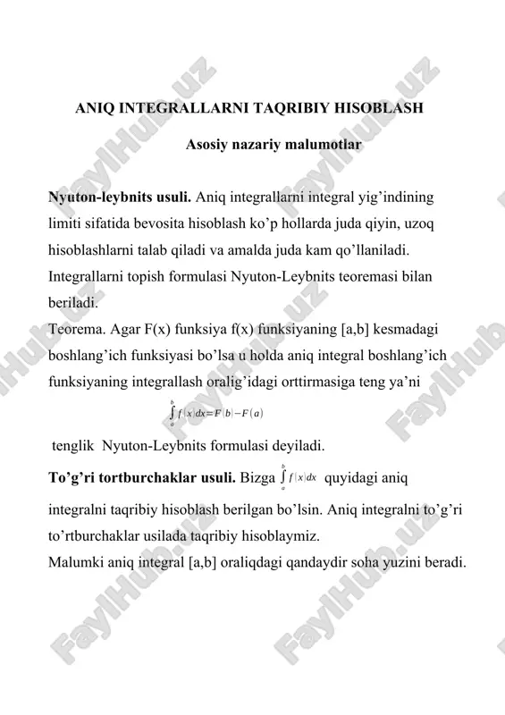r bilan almashtirgan edik. agar biz trapetsiyalar bilan almashtirsak, aniq integralning aniqroq qiymatini hosil qilamiz. bunda ham oldin [a,b] oraliqni n ta teng bo’lakka bo’lamiz. = har bir [ oraliqda f(x) bilan chegaralangan egri chiziqli yuza asoslari f( va f( ga teng. balandligi = ga teng bo’lgan trapetsiya yuziga almashtiramiz. formulamiz quyidagi ko’rinishga keladi. = bu formulani soddalashtiramiz = keyin [a,b] oraliq 2n bo’lakka bo’linadi. bunda formula quyidagicha bo’ladi. = bu formulalar trapetsiyalar formulasi deyiladi. yechim shart bajarilganda = yechim bo’ladi. oraliqni 2n bo’lakka bo’lamiz. teng. har bir [ oraliqda f(x) bilan chegaralangan egri chiziqli yuzani ( , ( , ( nuqtalardan o’tuvchi + parabolalar bilan chegaralangan yuzaga almashtiramiz. belgilash kiritib [ oraliqdagi yuzani [ oraliqqa ko’chirish mumkin. => 0 +=f(0)=f( =>h +=f(h)=f( =>2h +=f(2h)=f( u holda = u holda bu formula simpson formulasi deyiladi. yechim shart bajarilganda = yechim bo’ladi. 1-topshiriq aniq integralni nyuton-leybnits usulida hisoblang. ni integrallaymiz = …