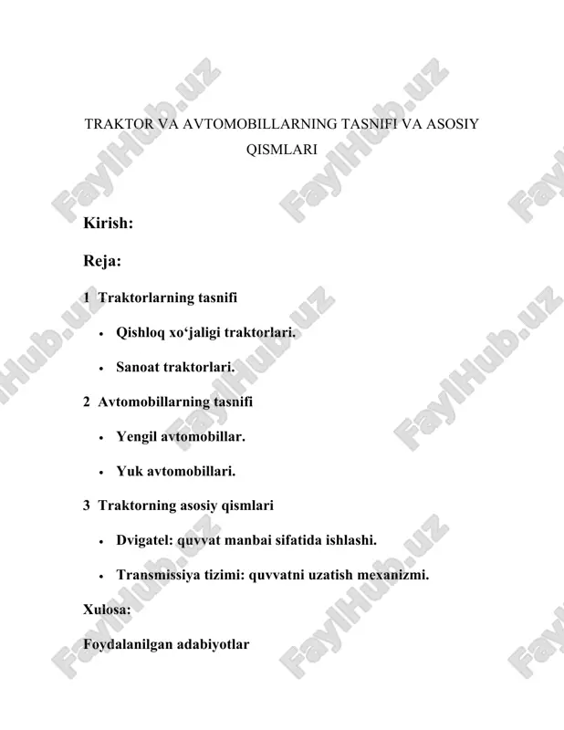 adi. bu mavzu ushbu texnik vositalarning nazariy va amaliy asoslarini o‘rganishda muhim bosqich hisoblanadi. 1. traktorlarning tasnifi traktorlar - bu sug'orish, yerga ishlov berish, yuk tashish va boshqa qishloq xo'jaligi va sanoat operatsiyalarida foydalaniladigan ko'p funktsiyali mashinalardir. traktorlarning tasnifi ularning turli xususiyatlari va foydalanish turlari bo'yicha amalga oshiriladi. quyida traktorlar tasnifi haqida ma'lumot: 1. **foydalanish turi bo‘yicha tasnifi**: - **qishloq xo‘jaligi traktorlari**: bu turdagi traktorlar asosan ekin maydonlariga ishlov berish, ekish, o‘rim-yig‘im ishlari uchun mo'ljallangan. masalan, john deere, fendt kabi brendlar. - **sanoat traktorlari**: tog‘-kon va qurilish sohalarida foydalaniladigan traktorlar. buldozer, ekskavator va yuklovchi mashinalar turi kiradi. - **kommunal xizmat traktorlar**: shahar va qishloq infratuzilmasini saqlashda foydalaniladigan traktorlar. asosan ko‘cha tozalash va obodonlashtirish ishlari uchun ishlatiladi. 2. **yurish qismi bo'yicha tasnifi**: - **g‘ildirakli traktorlar**: harakatlanishda g‘ildiraklardan foydalanadi va yuqori manevra qobiliyatiga ega bo‘lib, asosan fermalarda qo‘llaniladi. - **tııg‘alı traktorlar**: harakatlanishda tııg‘a tizimidan foydalaniladi. mashhur traktorlar toifasi bo‘lib, og‘ir yuk talab …