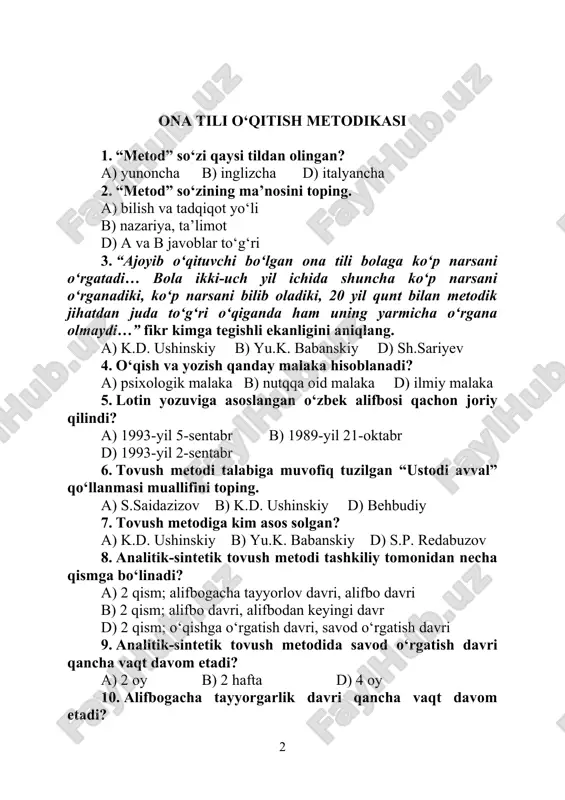 anday bo‘lishi kerak? a) 25 ͦ b) 35° d) 30° 1. “orfografiya” so‘zining ma’nosini aniqlang. a) to‘gri talaffuz b) to‘g‘ri yozuv d) yozuv 1. o‘qish sifatlarini aniqlang. a) to‘g‘ri va tez b) ongli va ifodali d) a va b 1. izohli o‘qish bu …? a) to‘g‘ri va tez o‘qishga aytiladi. b) o‘ylashga, his qilishga, asarni to‘liq idrok qilishga, o‘qilgan-ning mazmunini o‘zlashtirishga olib keladigan o‘qishga aytiladi. d) o‘ylashga, his qilishga olib keladigan o‘qishga aytiladi. 1. ohang va intonatsiya bilan o‘qish qaysi o‘qish turining asosi hisoblanadi? a) ifodali o‘qish b) izohli o‘qish d) ongli o‘qish 1. qaysi o‘qish ifodali o‘qishning yuksak bosqichi hisoblanadi? a) tez o‘qish b) badiiy o‘qish d) ongli o‘qish 1. “to‘g‘ri o‘qish – bu materialning tovush tomonidan xatosiz va bir tekisda ravon nusxa ko‘chirishdir”.ushbu fikr muallifini aniqlang. a) ushinskiy b) yakovleva d) odilova 1. boshlang‘ich ta’limda o‘qishning qaysi turlaridan foydalaniladi? a) ovozli o‘qish va ichida o‘qish b) ovozli o‘qish, …