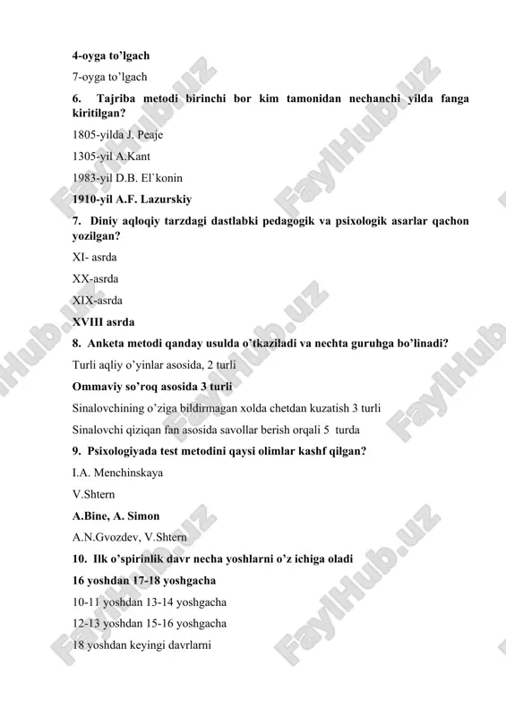 ilan bir vaqtda qo’llaniladigan metod qanday? test metodi eksperiment metodi longityud metodi anketa metodi 12. maktabgacha davrdagi bolalarda qanday psixik jarayon rivojlanadi? а. jismoniy в. ta’limiy с. irodaviy д. nutqiy 13. bolaning shaxsi va shaxsiy xislatlari qaysi davrda rivojlanadi? а. bog’cha davrida в. maktab davrida с. o’spirinlik davrida д. go’daklik davrida 14. bolaning maktabdagi o’qish davri uchun nimalarga ahamiyat berish zarur? а. nutq qobiliyatiga в. jismoniya salohiyatiga с. qiziqishlariga д. odob axloq doirasiga 15. necha yosh maktabgacha yosh davri xisoblanadi? а.2- 7 yosh в. 3-8 yosh с. 6- 8 yosh д. 3-7 yosh 16. shaxsni shakllantirishga qaratilgan va unda hayotiy e’tiqod va xis tuyg’ularni ma’naviy xulq axloq xosil qilish jarayonidir а. ta’lim в. tarbiya с. din a д. ta’lim tarbiya 17. o’z-o’zini tarbiyalashda nechta vazifa nazarda tutiladi? а. 5 в. 3 с. 4 d. 6 yosh davrlari psixologiyasi fani qachon mustaqil fan sifatida ajralib chiqqan?18. tarbiya ijtimoiy foydali faoliyat mehnat …
