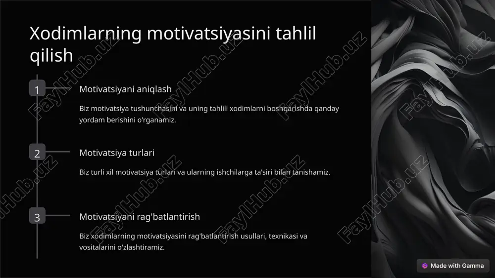 psixologik usullari 1 ijobiy mustahkamlash motivatsiyani rag'batlantirish va maqsadlarga erishish uchun ijobiy mustahkamlash usullarini o'zlashtiramiz. 2 o'z-o'zini rag'batlantirish o'z-o'zini rag'batlantirishning psixologik usullarini va ularning kundalik ishlarda qo'llanilishini o'rganamiz. 3 maqsadlilik biz psixologik sozlashning maqsadlarga erishishga ta'sirini muhokama qilamiz. 6 rahbarning shaxsiyati va psixologik fazilatlarining roli etakchilik fazilatlari muvaffaqiyatli rahbar uchun muhim bo'lgan asosiy shaxsiy xususiyatlarni ko'rib chiqing. aloqa qobiliyatlari biz samarali muloqot ko'nikmalarini va ularning etakchilik uchun ahamiyatini o'rganamiz. muammolarni hal qilish ko'nikmalari qaysi psixologik ko'nikmalar menejerga muammolar va qiyinchiliklarni muvaffaqiyatli engishga yordam berishini aniqlaymiz. 7 xulosa ongni boshqarishda psixologik omillar, insonlarning o'zlarini, boshqalarini va o'z jihatlarini tushunishiga va boshqarish usullarini belgilashga ta'sir qiladi. bu omillar motivatsiya, emotsiyalar, o'zini boshqarish qobiliyati, munosabatlar bilan murojaat qilish, stresni boshqarish kabi jihatlarni o'z ichiga oladi. ularning o'rganilishi va tushunilishi, insonlar bilan munosabatlarni kuchaytirishda, faol faoliyatni ta'minlashda, stres va qayg'uni kamaytirishda va o'zgarishlarni amalga oshirishda yordam berishi mumkin. psixologik omillar, boshqarishning amaliy tajribasi va …