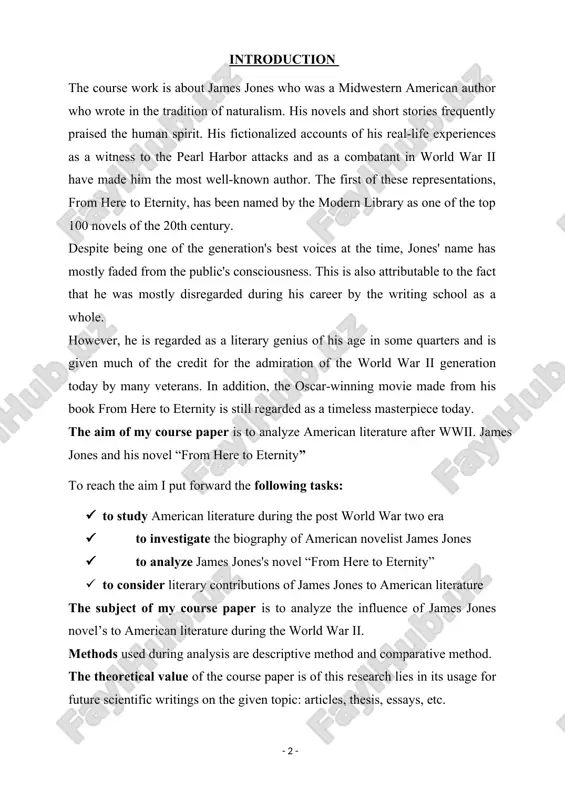 can literature during the world war ii. methods used during analysis are descriptive method and comparative method. the theoretical value of the course paper is of this research lies in its usage for future scientific writings on the given topic: articles, thesis, essays, etc. the course paper includes introduction, main body, conclusion and list of references. the main part includes the information about james jones and his literary woks during wwii. the james jones has been under growing attack from critics, most notably academics, who label him a "war novelist" who uses archaic naturalistic methods. although ihab hassan's 1961 analysis of post-world war ii american fiction, radical innocence, includes a lengthy and largely positive discussion of from here to eternity, two significant later studies of the contemporary american novel, tony tanner's city of words and josephine hendin's vulnerable people, completely ignore jones. this disregard is caused, in part, by erroneous …