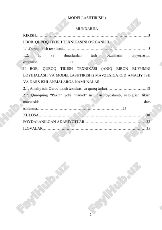 izning, momolarimizning qadimiy odatlari, milliy qadriyatlarini va kasblarini hunarlarini o’rganish muhim vazifalardan hisoblanadi. o’zbekistonda “quroqchilik” san’ati xalq amaliy san’ati turlari ichida alohida o’rin tutadi. mato parchalaridan ip va igna mo’jizasidan yaralgan bu quroqchilik san’ati barchani lol qoldirmay qoymaydi. quroq – bu matoga bir materialni har xil rangdagi qirqimlarini yopishtirish yoki tikish orqali badiiy bezak hosil qilinadi. quroqchilik u o’ziga xos tayyorlash jarayoniga ega. quroq tikish jarayoni o’rganayotgan kishining qobilayatini sabr-toqatini yangilik yaratish sezgisini rivojlantiradi. bu quroqchilik usulida tikilgan buyumlar yuqori didni, go’zallikni, sabr-toqatlilikni, mehnatsevarlikni talab qiladi. bizda bu tikish usuli “quroq” deb ataladi. kurs ishining maqsadi - talabalarni boshlang’ich sinflarda texnologiya fanining mazmuni va vazifalari, o’qitish usullari, ta’limiy vositalar bilan tanishtirish va ularni ta’lim jarayoniga tadbiq etish bo’yicha bilim, ko’nikma va malakalarini shakllantirishdir. kurs ishining vazifalari: 1.boshlang’ich sinflarda texnologiya fanining asosiy vazifalari o’quvchilarni mehnatga tayyorlash, bilim berish va umumta’lim maktablarining boshlang’ich sinflarida kasblar haqida ma’lumot berish izchilligini takomillashtirish; 2.davlat ta’lim …