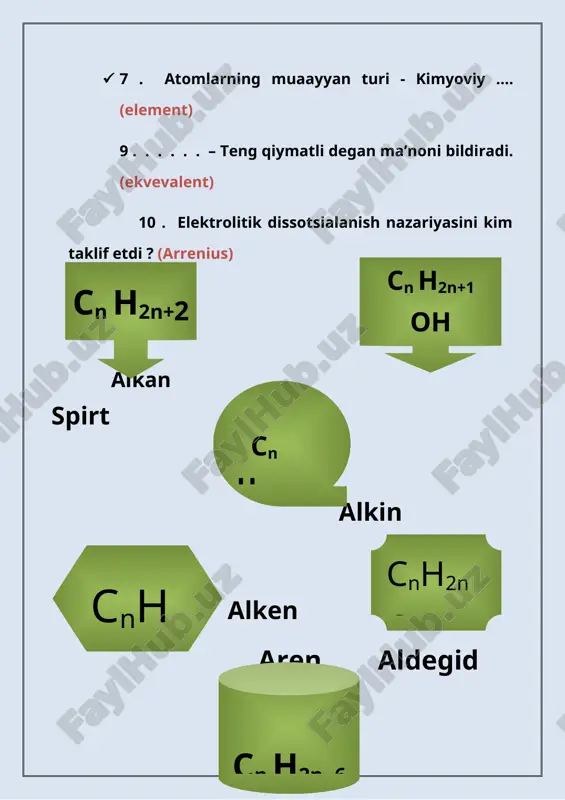 ! savol : 2-davrda joylashgan , atom massasi -12ga teng bo’lgan metalmas qaysi ? javob : uglerod – c 9)“reaksiyalarni davom eting” o’yini : 1) h2 + o2 .... 2) fe s + hcl .... 3) s+ o2 .... 4) naoh + hno3 .... 5) zn + h2so4 .... 10) bo’sh nuqtalar o’rnini o’quvchilar topqirlik bilan topishlari zarur bo’ladi ! 1) kimyoviy reakasiyalarni tezlashtiradigan , ammo o’zi o’zgarmay qoladigan moddalar bu..... javob : katalizatorlar . 11) “galagoenlaerni kim kashf etgan ?”o’yini . !!!ushbu o’yinda o’quvchilar olimlar qaysi elementlarni kashf etganini topadilar . 1 . 1866-yil da faransuz kimyogari akri muassou ............ ni kashf etdi . javob : ftor 2 . 1874-yilda shved kimyogari kare velgelm sheyeli ......... ni kashf etgan . javob :xlor 4. 1826-yil da faransuz kimyogari antuan jeromom ........... ni kashf etdi . javob : brom 5 . 1811-yil da faransuz olimi bernaz kurtuan ............ ni kashf etdi …