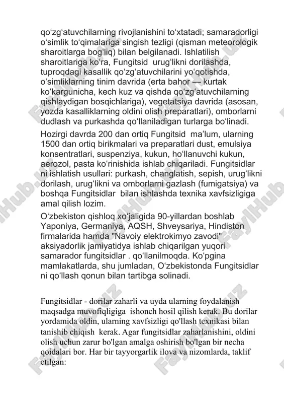 d urugʻlikni dorilashda, tuproqdagi kasallik qoʻzgʻatuvchilarini yoʻqotishda, oʻsimliklarning tinim davrida (erta bahor — kurtak koʻkargunicha, kech kuz va qishda qoʻzgʻatuvchilarning qishlaydigan bosqichlariga), vegetatsiya davrida (asosan, yozda kasalliklarning oldini olish preparatlari), omborlarni dudlash va purkashda qoʻllaniladigan turlarga boʻlinadi. hozirgi davrda 200 dan ortiq fungitsid maʼlum, ularning 1500 dan ortiq birikmalari va preparatlari dust, emulsiya konsentratlari, suspenziya, kukun, hoʻllanuvchi kukun, aerozol, pasta koʻrinishida ishlab chiqariladi. fungitsidlar ni ishlatish usullari: purkash, changlatish, sepish, urugʻlikni dorilash, urugʻlikni va omborlarni gazlash (fumigatsiya) va boshqa fungitsidlar bilan ishlashda texnika xavfsizligiga amal qilish lozim. oʻzbekiston qishloq xoʻjaligida 90-yillardan boshlab yaponiya, germaniya, aqsh, shveysariya, hindiston firmalarida hamda "navoiy elektrokimyo zavodi" aksiyadorlik jamiyatidya ishlab chiqarilgan yuqori samarador fungitsidlar . qoʻllanilmoqda. koʻpgina mamlakatlarda, shu jumladan, oʻzbekistonda fungitsidlar ni qoʻllash qonun bilan tartibga solinadi. fungitsidlar - dorilar zaharli va uyda ularning foydalanish maqsadga muvofiqligiga ishonch hosil qilish kerak. bu dorilar yordamida oldin, ularning xavfsizligi qo'llash texnikasi bilan tanishib chiqish kerak. agar …