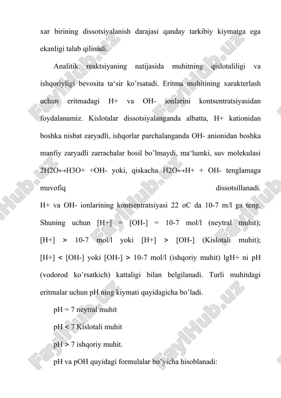 muhit) lgн+ ni рн (vodorod ko’rsatkich) kattaligi bilan belgilanadi. turli muhitdagi eritmalar uchun рн ning kiymati quyidagicha bo’ladi. рн = 7 neytral muhit рн 7 kislotali muhit рн 7 ishqoriy muhit. рн va рон quyidagi formulalar bo’yicha hisoblanadi: рн = -ig[h+]; poh =-ig[oh-]; ph + poh = 14 analitik kimyoda eritma muhiti рн yordamida nazorat qilib turiladi. рн ning o’zgarishi cho’kmalarning hosil bo’lishiga yoki erishiga, eritma rangining o’zgarishiga sabab bo’ladi. demak, analitik reaktsiyani bajarishga kirishishdan avval eritma muhitini tekshirib ko’rish maqsadga muvofiqdir. quyida keltirilgan misollarni tushinish juda oson va ularning foydasi juda katta: alyuminiy tuzi eritmasiga ishqor ta‘sir ettirilganda рн = 5 bo’lgandagina ai(oh) cho’kmaga tushadi; 2. fe(oh)3 эса рн = 3 bo’lganida cho’kadi; 3. mns ph = 6,5 bo’lganida cho’kmaga o’tadi. 4.zns esa рн = 2-3 oraligida cho’kmaga tushadi. tajribalar i analitik guruh kationlarining (na+, k+, nh4+ )tuzlari tibbiyotda keng miqyosda ishlatiladi. ular ko‘pchilik dorivor moddalar tarkibiga kiradi. masalan, …