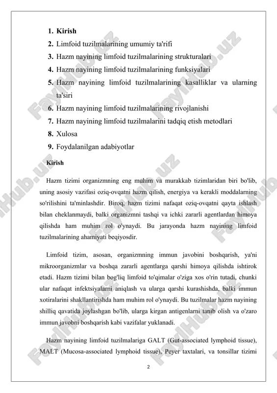 nsillar tizimi kiradi. ushbu tuzilmalar birgalikda ishlash orqali, organizmga kirgan zararli mikroblar yoki boshqa patologik agentlarga qarshi bir necha qatlamli himoya ta'siri yaratadi. galt va malt tizimlari, masalan, hazm tizimining ichki qavatlarida joylashgan va mikroorganizmlar bilan birinchi to'qnashuvni amalga oshiradi, bu esa organizmning o'zini himoya qilishini ta'minlaydi. shu bilan birga, hazm nayining limfoid tuzilmalarining salomatligi va ularning normal faoliyati organizmning umumiy immunitet tizimiga ta'sir ko'rsatadi. agar bu tuzilmalar yallig'lanish yoki boshqa patologik holatlar tufayli zaiflashsa, organizmning himoya tizimi samarali ishlamasligi mumkin. masalan, autoimmun kasalliklar, oshqozon-ichak tizimining infektsiyalari yoki yallig'lanishlar hazm nayining limfoid tuzilmalarining disfunktsiyasidan kelib chiqishi mumkin. shunday qilib, hazm nayining limfoid tuzilmalarining o'rganilishi nafaqat immun tizimining muhim jihatlaridan birini anglatadi, balki sog'liqni saqlash va tibbiyot sohasida yangi davolash usullarini ishlab chiqishga yordam beradi. bu tuzilmalar organizmning himoya mexanizmlarini yaxshilash va kasalliklarni oldini olishda juda muhim ahamiyatga ega. bu ishda hazm nayining limfoid tuzilmalarining anatomiyasi, fiziologiyasi, funktsiyalari va kasalliklar bilan …