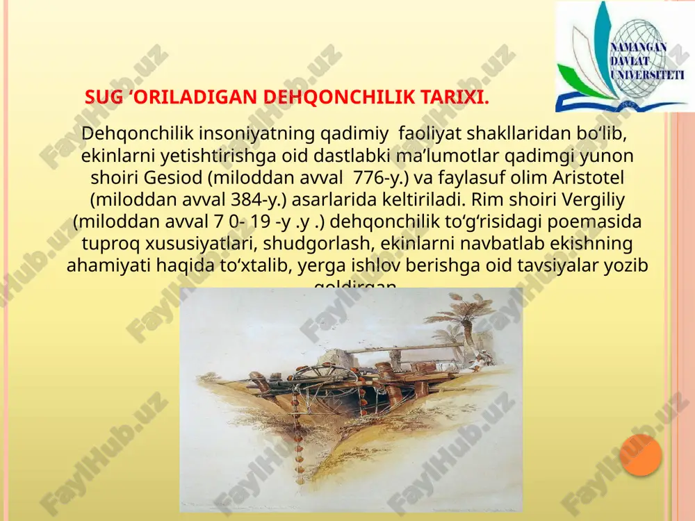 . tuproq ichidan sug‘orishning avzalliklari: sug‘orish meyorining 15-40% ga kamligi; suvni bug‘lanishga isrof bo‘lishini keskin pasayishi (0,98-0,99), begona o‘tlarning chiqmasligi,ochiq sug‘orish tarmoqlarining yo‘qligi, sug‘orish suvi bilan mineral o‘g‘itlarni berish mumkinligi,tuproqning zichlashmasligi, qatororasiga ishlov berilmasligi; hosildorlikning 20-40% gacha oshishi va b. tomchilatib sug‘orish- maxsus filtrlar yordamida tozalangan suv tomchilatgichlar orqali tomchi shaklida tuproqqa berilib,o‘simlikning ildiz tizimi joylashgan qatlamini o‘zini (lokal) namiqtirishdir. tomchilatib sug‘orishning avzalliklari: suv tejamkorligi (40-50%) suvni filtratsiyasi va bug‘lanishi kamligi,oqava chiqarmasligi.qator oralarining zichlanmasligi,irrigatsiya eroziyasining yo‘qligi,o‘g‘itlarni tuproqqa suv bilan lokal kiritilishi,murakkab relyeflarda qo‘llash mumkinligi.hosildorlikning 50% gacha oshishi va b. aerozol (tuman hosil qilib,mayda dispers) sug‘orish ayrim adabiyotlarda mayda dispers yomg‘irlatish yoki tuman holida sug‘orish deb yuritiladi. sug'orishning eng yangi usuli bo'lib, qishloq xo'jaligi ekinlari uchun qulay mikro iqlimni vujudga keltiradi. aerozol sug'orishda havoni yerga yaqin qatlamining nisbiy namligi oshiriladi, o'simlik yer ustki organlarining harorati 6 - 1 2 gradusga pasaytiriladi. bunday sug'orish kunning eng issiq vaqtida har bir-ikki soatda qayta-qayta …
