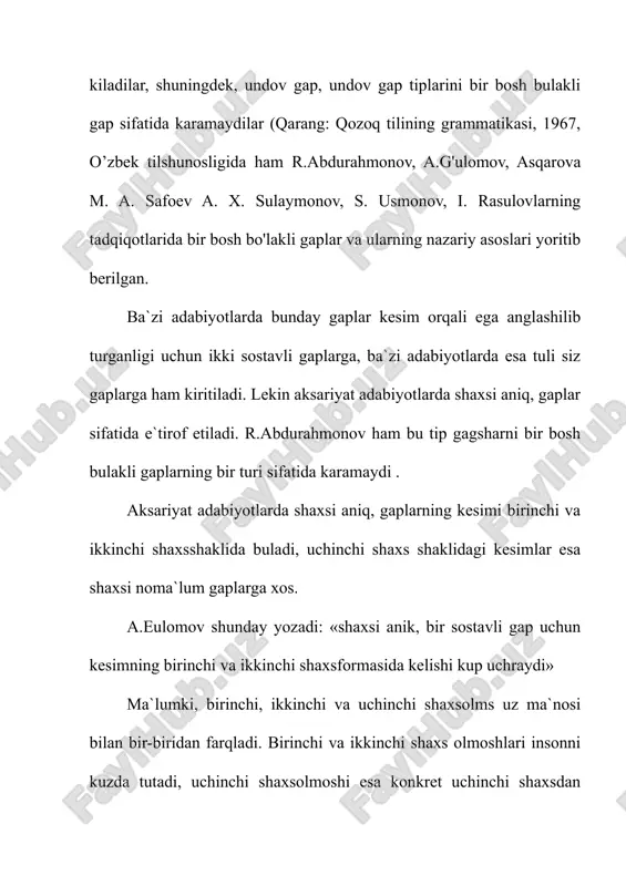 ilan bir-biridan farqladi. birinchi va ikkinchi shaxs olmoshlari insonni kuzda tutadi, uchinchi shaxsolmoshi esa konkret uchinchi shaxsdan tashsari, har qanday shaxs yoki predmetni ifoda qilishi ma`lum. shunday ekan, uchinchi shaxsolmoshi konkret shaxsni ifodalaganda, birinchi, ikkinchi shaxsolmoshlari bilan umumishshkka ega buladi. bu vazifada u olmoshi men, sen olmoshlari sirasida k,aralishi lozim. sodda gaplar va ularning turlari sodda gaplar grammatik sosga ko’ra ikki guruhga bo’linadi: 1)bir bosh bo’lakli gaplarning grammatik asosida bir bosh bo’lak mavjud bo’ladi: ota-onalarga yordam berdik. 2)ikki bosh bo’lakli gaplarning grammatik asosida har ikkala bosh bo’lak ham, ya’ni ega va kesim ham qatnashadi: biz maktabga bordik. kki bosh bo’lakli gaplarning turlari. 1.yig’iq ikki bosh bo’lakli gaplar tarkibida bosh bo’laklargina mavjud bo’ladi: o’quvchilar yig’ildilar. ba’zan ega va kesim birikma bilan ifodalanib, kengayib keladi va ikkinchi darajali bo’laklar borga o’xshab ko’rinadi, lekin bu gaplar ham yig’iq gaplar hisoblanadi: yigit ham shunaqa bo’ladimi? ikki dugona termilib qolishdi. 2.yoyiq ikki bosh bo’lakli gaplar …