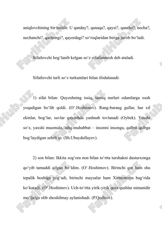 ermoqda... edi. (p.q.). 5) sifatdosh bilan: unda dam oladigan va yo tunab qoladigan manzil yo‘q. (k.yashin). aytar so‘zni ayt, aytmas so‘zdan qayt. (maqol). 6) ravish bilan: ko‘p befoyda narsalarni o‘rganganingdan ko‘ra senga doimo xizmat qiladigan besh-o‘nta yaxshi o‘gitni bilganing ma’qulroq. (seneka). 7) taqlid so‘z bilan: g‘ir-g‘ir mayin bahor shamoli. (oybek). bir gala o‘rdak kanal bo‘yiga tushdi. bularning g‘aq-g‘uq ovozi ancha vaqtgacha bosilmadi. (s.ahmad). sifatlovchi ba’zan so‘z birikmasi bilan ham ifodalanadi. masalan: qarama-qarshi turgan ikki eshikning birini shaxt bilan ochdi... (p.qodirov). dunyoda xushfe’l, olijanob, hamisha ezgu niyat bilan ish qiladigan odamlar juda ko‘p (o.husanov). sifatlovchi vazifasini gapga teng predikativ birliklar ham bajarishi mumkin: himmati zo‘r kishining qimmati zo‘rdir. («oz-oz o‘rganib dono bo‘lur»). bu aniqlovchi ot yoki otlashgan so‘z bilan ifodalangan bo‘lakka muvofiqlashuv yo‘li bilan bog‘lanib, o‘zi ifodalayotgan shaxs yo predmetga boshqa bir shaxs yoki predmetning qarashli, tegishli ekanini bildiruvchi aniqlovchining bir turidir. u kimning? nimaning? qayerning? so‘roqlaridan biriga javob bo‘ladi. qaratuvchi …