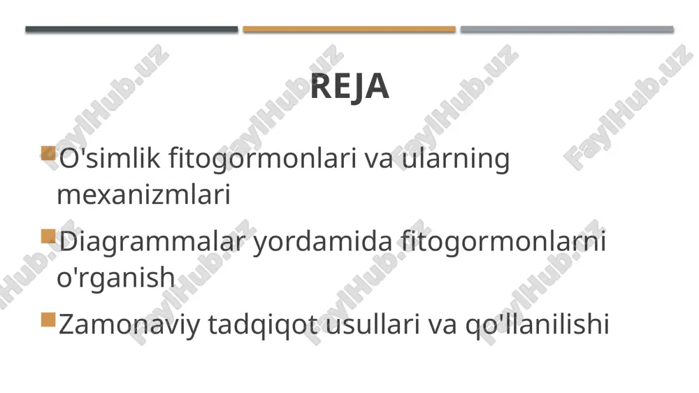 yonlarini boshqaradi. ular hujayra bo'linishi va uzluksiz rivojlanishni ta'minlaydi. 3 ta'sir etuvchi omillar fitogormonlarning faoliyatiga atrof-muhit omillari, masalan, yorug'lik, namlik va harorat ta'sir qiladi. bu omillar fitogormonlar balansini va ta'sirini o'zgartirishi mumkin. fitogormonlar mexanizmlarini diagrammalar orqali tushunish asoslari. 1 fitogormonlar mexanizmlari fitogormonlar o'simliklarning rivojlanish jarayonida muhim rol o'ynaydi. ular o'simliklar orasida kimyoviy signal sifatida ishlaydi va o'sishni boshqaradi. 2 diagrammalar va tushuncha diagrammalar fitogormonlarning ta'sir mexanizmlarini vizual ko'rsatishda yordam beradi. ular o'simliklarning turli rivojlanish bosqichlaridagi jarayonlarni aniq aks ettiradi. 3 innovatsion diagramma metodlari zamonaviy diagramma metodlari, masalan, raqamli grafikalar va interaktiv modellar, o'simlik fitogormonlarini o'rganishda yangi imkoniyatlar yaratmoqda va tajriba natijalarini yengillashtirmoqda. o'simlik fitogormonlarini o'rganishda innovatsion diagramma metodlari. diagramma turlari o'simlik fitogormonlarini o'rganishda turli diagramma turlari, masalan, oqim diagrammalari va sxemalar, ma'lumotlarni aniq va tushunarli ko'rsatishga yordam beradi. innovatsion usullar zamonaviy diagramma metodlari, masalan, interaktiv grafikalar va 3d modellashtirish, fitogormonlar mexanizmlarini yanada chuqurroq tushunishga imkon beradi. diagrammalarning foydasi diagrammalar o'simlik …