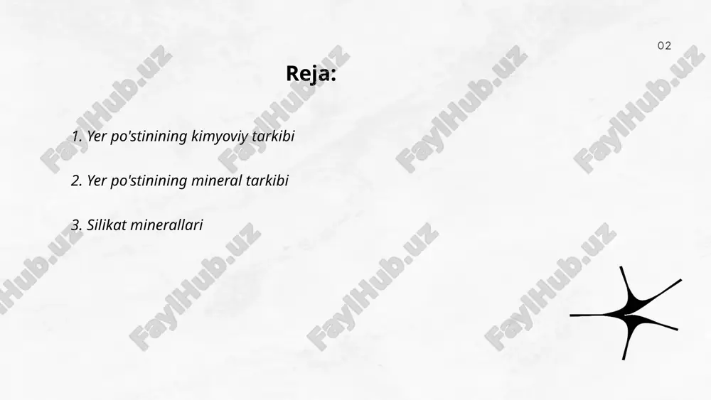 inan 90% yer po‘stidagi minerallar silikatlardan tashkil topgan. ular turli shaklar va ranglarda uchraydi. slyuda guruhiga kiruvchi muskovit va biotit keng tarqalgan. silikatlarning kristall tuzilishi va tarkibi ularning xususiyatlarini belgilaydi. shu bilan birga, ular qurilish, sanoat va elektronika singari ko‘p sohalarda foydalaniladi. ... t.me/slaydai_bot 4. olmos va grafit olmos va grafit - bu ikkisi ham uglerodning allotrop shakllari hisoblanadi. olmos kristalli tuzilishga ega bo'lib, barcha uglerod atomlari kuchli kovalent bog'lar orqali tetraedral tuzilmada joylashgan. bu esa unga eng qattiq tabiiy materiallardan biri sifatida qarash imkonini beradi. grafit esa qatlamli tuzilishga ega bo'lib, har bir qatlamda uglerod atomlari kuvetseriya bog'lari bilan bog'langan, lekin qatlamlar orasidagi kuchlar zaifroq. bu grafitga yumshoqlik xususiyatini beradi va elektr o'tkazuvchanlikka ega qiladi. olmosning zichligi taxminan 3.5 g/cm³, grafitning zichligi esa 2.2 g/cm³ atrofida. ikkalasi ham turli sanoat va texnika sohalarida keng foydalaniladi. ... t.me/slaydai_bot mahalliy elementlar atamasi odatda geografik, madaniy, yoki tabiiy jihatlar bilan bog‘liq bo'lgan …