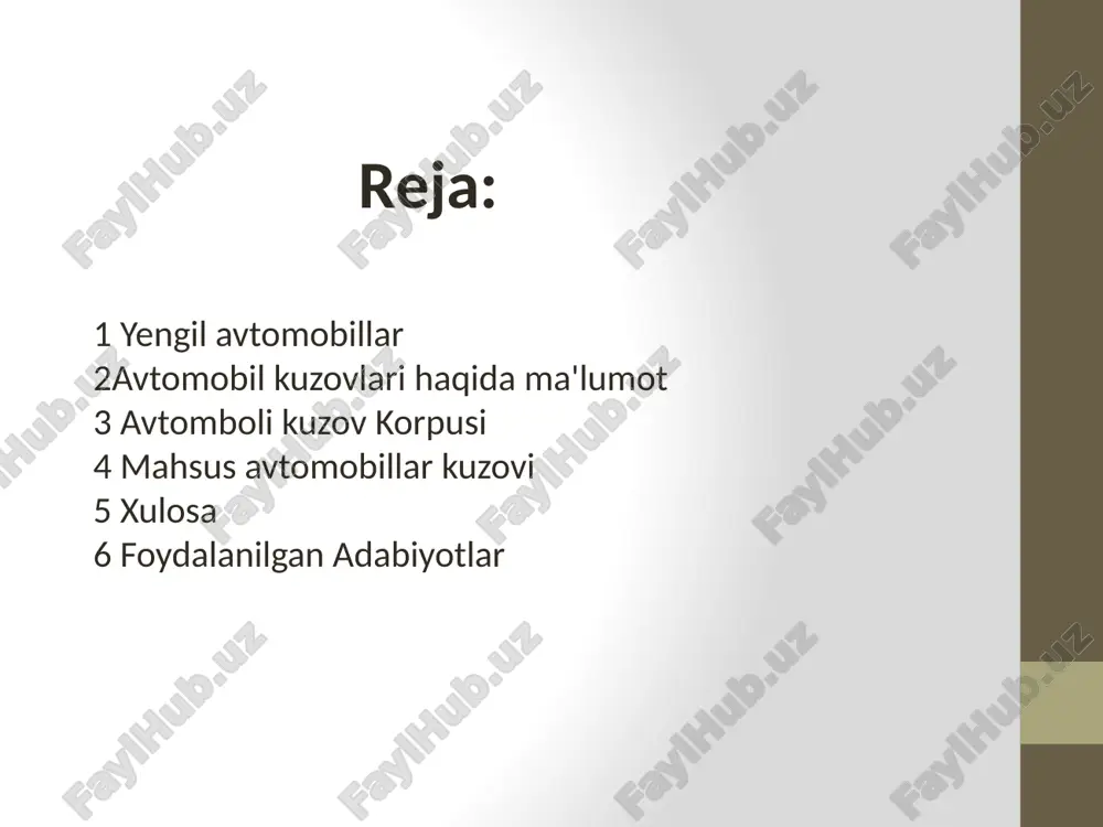 ri, osmalar mahkamlanadigan joylari maxsus kuchaytirilgan bo'ladi. kuzov bir butun qilib payvandlangan po'lat korpusdan iborat bo'lib, unga dvigatel kapoti, oldingi va orqa qanotlar, eshiklar, yukxona qopqog'i, faralar va radiator qoplamasi, oldingi hamda orqadagi buferlar, qoplamalar va boshqalar mahkamlangan. kuzov ichiga esa haydovchi va yo'lovchilar uchun o'rindiqlar joylashtirilgan. kuzov korpusi (132-chizma) ko'p miqdordagi detallardan, bikr payvand konstruksiya qilib yig'iladi. bu detallaming asosiylari old va orqa qismlardan tashkil topgan asos (pol) (1), eshiklar joylashtiriladigan o'rinlarni hosil qiluvchi yon tomonlar (2) hamda kuzov elementlarini hajmli konstruksiyaga birlashliruvchi tomdan (3) iborat. kuzov korpusining old qismiga kalla rama (4) payvandlangan bo'lib, u dvigatel, radiator va oldingi osmaning ko'ndalang to'sinini mahkamlash uchun xizmat qiladi. kuzov asosi, perimetri bo'yicha yig'ma qutisimon shaklda kuchay­tirilgan, bir butun shtamplangan panel ko'rinishida tayyorlangan. korpusning old qismiga shchit, panellar va sachrandi to'sqichlar, orqa qismiga esa faqat panellar va sachrandi to'sqichlar kiradi. kuzovning yon devorlari ham shtainplanadi hamda stoyka (ustun), pol bo'sag'asi va …