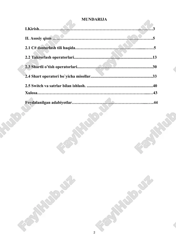 balr asosida barcha shahar va tumanlar markazlarida raqamli texnologiyalar o`quv markazlarini tashkil etish bo`yicha topshiriq berilgan edi.bu markazlarda elektron tijorat va dasturlash bepul o`rgatilib, axborot texnologiyalari sohasida tadbirkorlik bilabn shug`ullanish bo`yicha innovatsion ko`nikmalar beriladi,”startap” loyihalariga yordam berilishi ko`zda tutilgan. axborot texnologiyalarining bugungi rivojlangan davrida kompyuter texnologiyalari barcha sohalariga kirib bormoqda. xususan, hayotiy masalalarni yechishda dasturlash yordamida masalalarni matematik modellarini tuzib, ularni yechish algoritm va dasturlashni tuzish orqali jarayonlarni kompyuterlashtirish dolzarb masalalardan biri. mazkur kurs ishida massivlar yordamida masalalarni yechish usullari, massivlar ustida amallar bajarishda array sinfini qo`llash va mos dasturlari ko`rib chiqiladi. kurs ishi mavzusining dolzarbligi. c# tilida massivlar bilan ishlash, massivlar ustida amallar bajarishda array sinfining qanchalik muhimligini keltirish mumkin. kurs ishining maqsad va vazifalari: -massivlar ustida amallar bajarishda array sinfidan foydalanishning ahamiyatini o`rganish; -massivlar bilan ko`proq ishlash. kurs ishi tarkibi:kirish,asosiy qism,xulosa va foydalanilgan adabiyotlar ro`yhati ii.asosiy qism 2.1 c# dasturlash tili haqida c # ("sharpni qarang" deb talaffuz …
