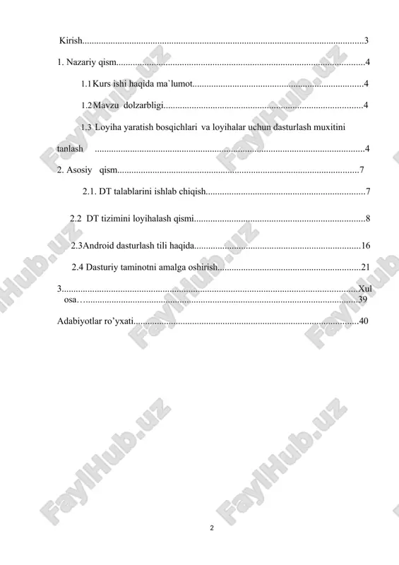 shiddatli ravishda o’zgarmoqda. bu borada qilinayotgan ishlar bir-birini takrorlamaydi natija esa xar-xil. ma’lumotlar shunchalik ko’pki buni bir tizimga keltirib olish lozim. elektron ma’lumotlar bazasini yaratish, uning ustida ishlash, ular ustida amallar bajarish murakkablashib bormoqda. yurtimizda bu borada rivojlanish tendensiyasi anchayin kuzga tashlanib bormoqda. masalan www.gov.uz elektran davlat xizmatlari kursatish sayti yaratildi, bundagi ma’lumotlarni bir tizimga keltirish yoki bitta ma’lumotdan bir necha foydalanuvchi bir vaqtda foydalana olishi lozim. 1. nazariy qisim. 1.1 kurs ishi haqida ma`lumot. bu loyiha asosan uy qurilish arxitekturalari haqida ma`lumot beradi. loyiha obyektlari quyidagilar: kategoriyalar, ishlab chiqaruvchilar, hudud/mamlakat, arxitektorlar,yil, material, maydon, rang. bu loyiham orqali bino inshootlari qurilishi haqida malumot berib boriladi. bunda tanlash yo`li orqali ko`plab arxitekturaga oid ko`plab proyektlarni ko`rishimiz mumkin . unda qurilgan binoning ichki tashqi qurilishi, qayerda qurilganligi, maydoni, arxitektura turi, arxitektorlar haqida ma`lumot olishingiz mumkin. yana loyihada projektlar, mahsulotlar, jildlar, yangiliklar kabi bo`limlar bo`lib ularda shu bo`limlarga taalluqli ma`lumotlar berib boriladi. 1.2 …