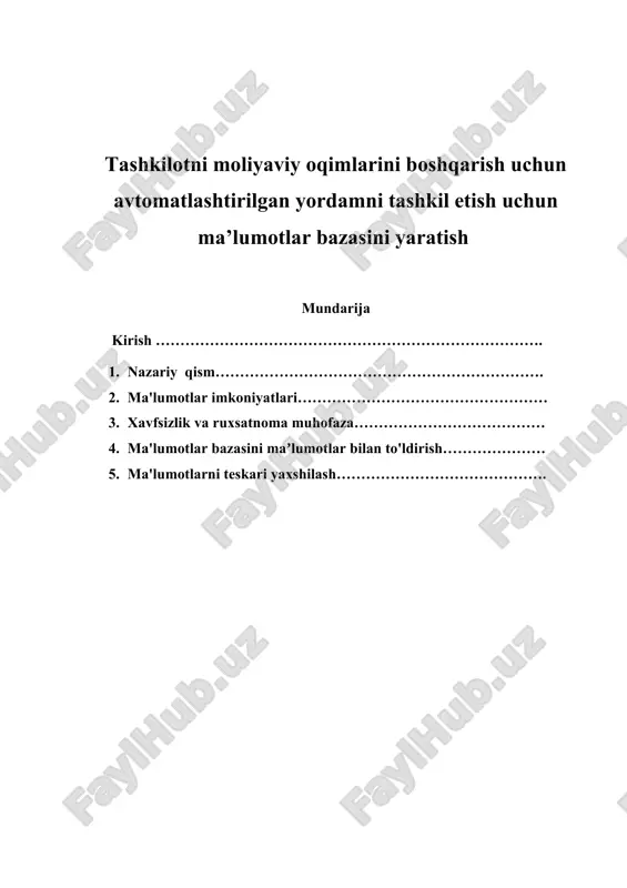 gilar bilan bog'liq ma'lumotlari (masalan, hisobot topshirish muddatlari, yig'ishlar). soliq-hisobot to'g'risida belgilar va tartiblar.huquqiy talablar va ruxsatnomalar.tashkilotni moliyalashtirish, soliq to'lash, hisobot topshirish va boshqa jarayonlarda muvaffaqiyatli bo'lish uchun kerak boʻlgan huquqiy ruxsatnomalar va belgilar.kirish qismini tayyorlasangiz, avtomatlashtirilgan yordam tashkil etish uchun ma'lumotlar bazasini qanday amalga oshirish va moliyaviy oqimlarni boshqarish uchun kerak bo'lgan yordam va dasturlardan tashkil topishingiz mumkin. davom etadigan kursda uyali tizim yoki avtomatlashtirish dasturlari bilan nafaqat ma'lumotlarni to'plashingiz, balki ularni tahlil qilish va boshqa ishlarini ham bajarishingiz mumkin. avtomatlashtirilgan hisob-kitob tizimi, omonatchilik va bank omonatlari hisoblaridagi ma'lumotlarni tahlil qilish va ma'lumotlar asosida muhim bo'lgan yo'nalishlarni aniqlash imkonini beradi.avtomatlashtirilgan hisob-kitob tizimi, omonatchilik va bank omonatlari hisoblaridagi ma'lumotlarni qattiq xavfsizlik qilishga imkon beradi, shuningdek, ma'lumotlarga faqatgina mumkin bo'lgan xodimlar yoki huquqiy shaxslar tomonidan kirish imkoniyatini beradi.avtomatlashtirilgan tizim, omonatchilik va bank omonatlaridagi xatolarni aniqlash, ularga tezlik bilan javob berish va muammolarni hal qilish uchun monitoring tizimini o'rnatishga imkon beradi.ma'lumotlardan tahlil …