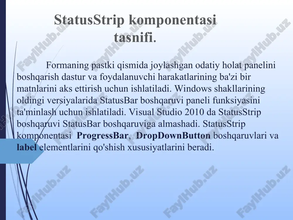 undimage xususiyati statusstrip boshqaruvining fon rasmini o'rnatish uchun ishlatiladi. xususiyatlar dizaynerida backgroundimage xususiyatini bosganingizda, 5-rasmga o'xshash resurs muharriri ko'rasiz, bu yerda siz import tugmasini bosib suratni ko'rishingiz yoki kompyuter hotirasidagi manbalardan foydalanishingiz mumkin. windows forms ilovasini yaratamiz va formga statusstrip boshqaruvini qo'shamiz. men shuningdek formaga uchta tugmachani boshqaruv sifatida qo’shamiz. shundan so'ng, formaga ikkita statusstripstatuslabel, bitta statusstripdropdownbutton va bitta statusstripprogressbar boshqaruv elementlarini qo'shamiz. endi statusstrip dropdownbutton ga uchta ob'ektni "items" xususiyatidan foydalanib qo'shamiz va uning matnini va oldingi ranglarini qizil, yashil va ko'k ranglarga o'zgartiramiz. men shuningdek ushbu menyu elementlari uchun "click" voqea ishlov beruvchilarini qo'shamiz. menyu elementlarini hodisalarni qayta ishlash vositasi quyidagicha ko'rinadi: statusstrip ning orqa rangini o'zgartirish uchun menyu elementlarini bosing va progressbar boshqaruvining joriy qiymatini ishga tushirish uchun start tugmachasini bosing. statusstrip dastur davomida qo’llanilishi. namespace statusstrip2 { public partial class form1 : form { public form1() { initializecomponent(); } private void form1_load(object sender, eventargs e) { …