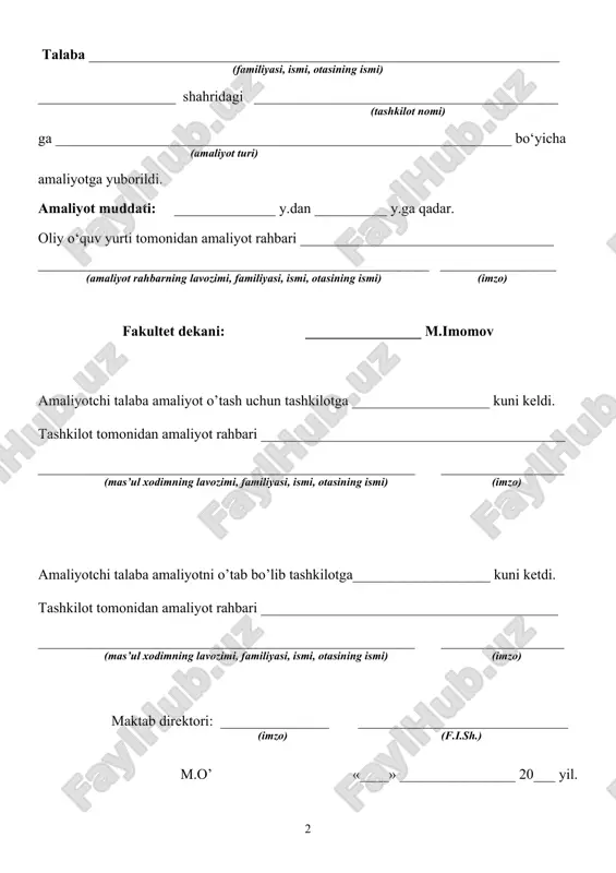 i qarorining “b” bandida keltirilgan ta`lim dasturlarining o`zaro uyg`unligi va uzluksizligini ta`minlash hamda pedagog kadrlarni sifatli tayyorlash maqsadida maktabgacha, umumiy o`rta maxsus va professional ta`limda foydalaniladigan darsliklar hamda metodik qo`llanmalar bilan tanishish pedagog kadrlarni tayyorlovchi oliy ta`lim muasasalari kunduzgi ta`lim shaklida tahsil olayotgan 2-4-bosqich talabalari uchun haftalik o`quv mashg`ulotlarini “4+2” tartibida, shu jumladan darslarning 4 kun oliy ta`lim muassasasida, 2 kuni amaliyot o`tash tartibida olib borilishi nazarda tutilgan. malakaviy pedagogik amaliyot - tanishtiruv shakllarda o‘tkazilib, talabalarni bo‘lajak mutaxassislikning o‘ziga xos xususiyatlari bilan tanishtirish, umumkasbiy va maxsus fanlar bo‘yicha dastlabki kasb ko‘nikmalari va malakalarini shakllantirishdan iborat. malakaviy pedagogik amaliyoti ta’lim yo‘nalishi (mutaxassislik) xususiyatidan kelib chiqib tashkil etiladi. 1.1. malakaviy pedagogik amaliyotining vazifalari: 2. talabalarning institutda olgan nazariy bilimlarini chuqurlashtirish, mustahkamlash va bu bilimlarni amaliyotda tatbiq etishni o‘rgatish. 3. talabalarni korxona va tashkilotlarda olib boriladigan vazifalarni tahlil qilishni o‘rganish. 4. korxona yoki tashkilotlarda bo‘limlar va xodimlar bo‘limida ijro intizomini tashkil etish, yuritish …