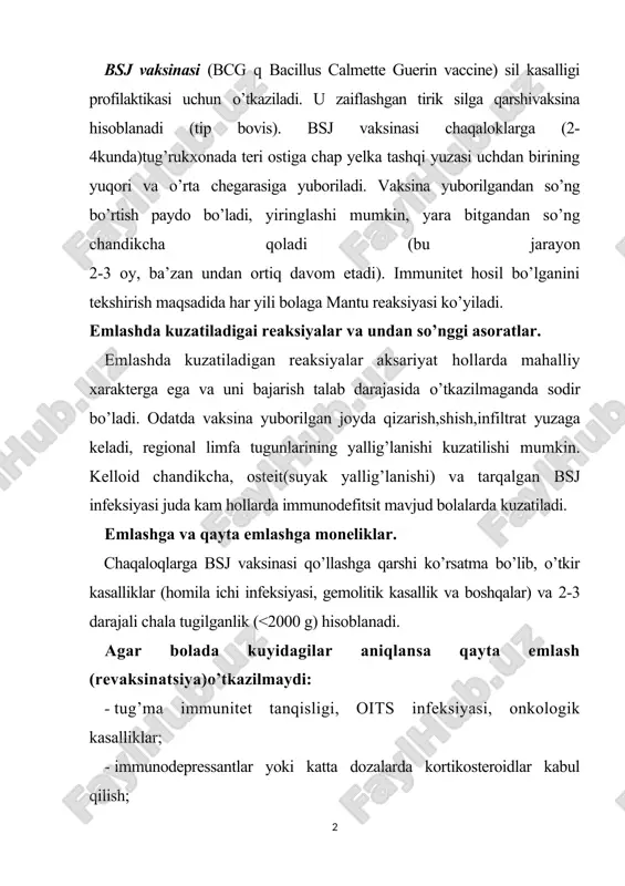 ydi: · tug’ma immunitet tanqisligi, oits infeksiyasi, onkologik kasalliklar; · immunodepressantlar yoki katta dozalarda kortikosteroidlar kabul qilish; · sil kasalligi; - vaksinalarning avvalgi dozalariga og’ir nojo’ya reaksiyalar. akds akds - vaksinasi bo’g’ma, qoqshol va ko’kyo’taldan himoya qiladi. ads (bo’g’ma va ko’kyo’talga qarshi tozalangan anatoksin) — 7 yoshdan katta bolalarga akds vaksinani ko’llashga karshi ko’rsatma bo’lganda ishlatiladi. ads-m - bo’g’ma va qoqsholga qarshi vaksina bo’lib, bo’g’maga qarshi anatoksin dozasi kamaytirilgan. 6 yoshdan oshgan bolalar va kattalarni qayta emlashda foydalaniladi. emlashda kuzatiladigan reaksiyalar va undan so’nggi asoratlar emlash ko’pincha quyidagi yengil reaksiyalarni chaqiradi: tana haroratini ko’tarilishi (37,5 s yuqori), vaksina yuborilgan joyda og’riq, qizarish va shish. tana haroratini tushirish uchun atsetaminofen (paratsetamol) tavsiya etiladi. agar tana harorati vaksinayuborilgandan sung 24 soat ichida ko’tarilsa yoki bir kundan ortiqdavometsa,emlashga bog’liq bo’lmagan isitma hisoblanadi. bundayhollardabolavrachtomonidan boshkd kasalliklarni (meningit,otit)o’tkazibyubormaslikuchun nazoratga olinadi. akds vaksinasidan so’ng ogir emlash reaksiyalari kamdan-kam hollarda yuz beradi. bunday reaksiyalar emlangan bolalarning 0,3% …