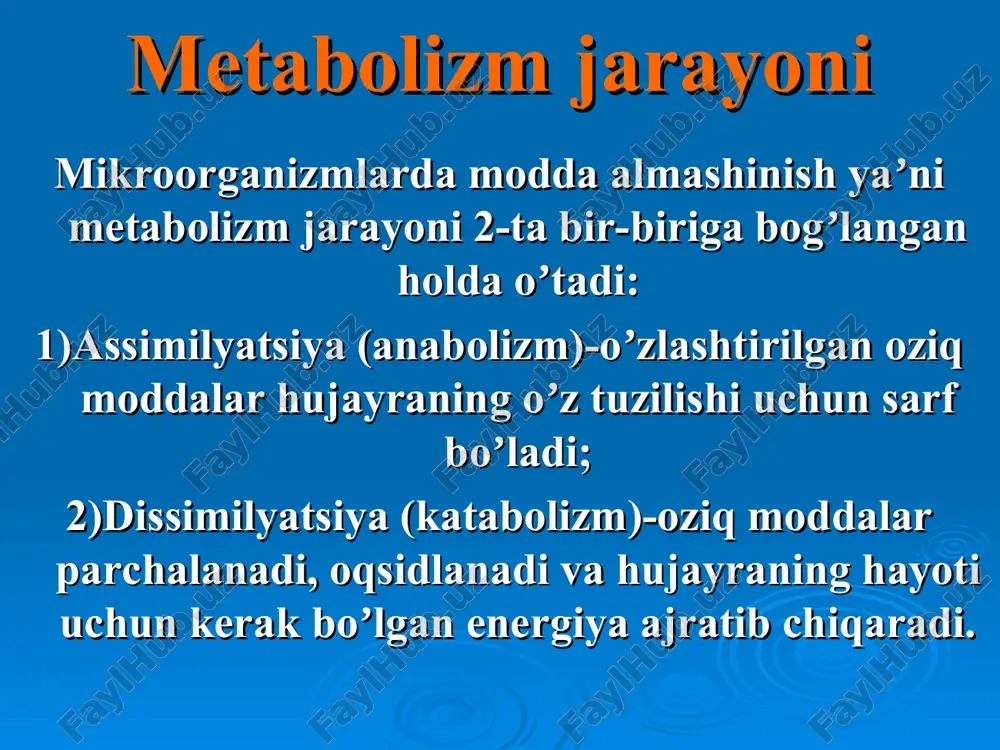 uzlar vitaminlar va boshqalar kiradi bakteriya xayotida kerakli boʼlgan elementlarga quyidagilar kiradi: c, h, o, n, p, s, k, ca, mg, fe oziq moddalar transporti oziq moddalar hujayra ichiga bir necha yoʼl bilan kiradi: 1) passiv diffuziya - bunda oziq muxit bilan mikrob hujayrasi oʼrtasidagi osmotik bosim va moddalar kontsentratsiyasi tenglashadi yoki mikrob hujayrasidagi moddaning kontsentratsiyasidan yuqori boʼladi ; 2) yengillashgan diffuziya - asosan permeaza fermenti yordamida boʼladi, bu ferment hujayraning sitoplazmatik membranasida joylashgan, spetsifik xususiyatga ega, energiya sarflanmaydi; 3) аktiv transport- permeazalar yordamida boʼladi, lekin energiya sarflanadi; 4)kimiyoviy gruppalar translokatsiyasi-baʼzi kimiyoviy moddalar radikallar holida oʼtadi oziq moddalar bakteriya hujayrasidan ikki xil yoʼl bilan chiqadi: passiv diffuziya yoʼli bilan yengillashgan diffuziya yoʼli bilan permeaza fermenti ishtirokida boʼladi oziq muhitlar oziq muhitlar tarkibida oddiy va murakkab birikmalar tutadi, shu birikmalarda bakteriyalar laboratoriya sharoitida koʼpaytirib olinadi oziq muhitlar bakteriya uchun quyidagi talablarga javob berishi kerak: bakteriyalarni koʼpayishi uchun zarur moddalar boʼlishi kerak …