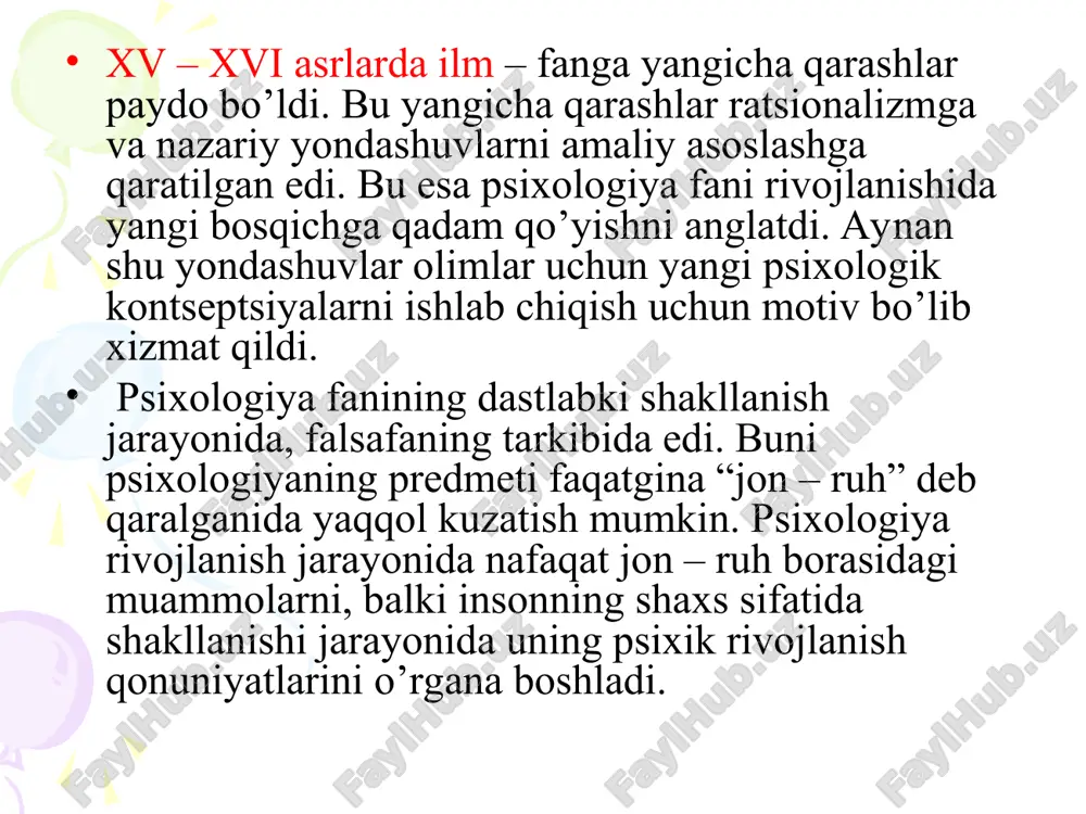 di. dekartning aytishicha, bu metod hatto tajriba (empirik metoddi) dan ham mukammalroqdir. dekart misol tariqasida deduktiv metodga asoslangan, binobarin eng aniq fan bo’lgan matematikani ko’rsatadi. dekartning fikricha to’liq ilmiy falsafa tizimi shu jumladan psixologiya ham faqat ratsionalistik metod asosidagina qurilishi mumkin. dekart o’zining psixologiya sohasidagi ta`limotini asosan o’zining “ruh ehtiroslari haqida” degan asarida bayon qilgan. dekart tana bilan ruhni bir-biriga mutlaqo qarama-qarshi deb hisoblaydi. tananing mohiyati barcha moddiy narsalarniki singari o’rin ishg`ol qilish, fazoviylikdir, ruhning mohiyati esa tafakkurdir (dekart sezgi, tasavvur va irodani ham shunga kiritadi). dekartning fikricha ruh faqat insonlarga xosdir, hayvonlar esa aksincha ruhga ega emas. hayvonlar –murakkabroq mashinadir, xolos. inson tanasi ham xuddi shunday murakkab mashinadir. ruhning faoliyati sezgilar xotira, tafakkur, iroda-o’z qonuniyatlariga ya`ni ruhiy qonunlarga binoan ro’y beradi. shunday qilib, psixik va fiziologik jarayonlar parallel holda ro’y beradi. shuning uchun ham dekart 20 asrgacha bo’lgan psixologiyada keng tarqalgan nazariyaning ya`ni psixofizik parallelizm ta`limotining asoschisi hisoblanadi. dekart …