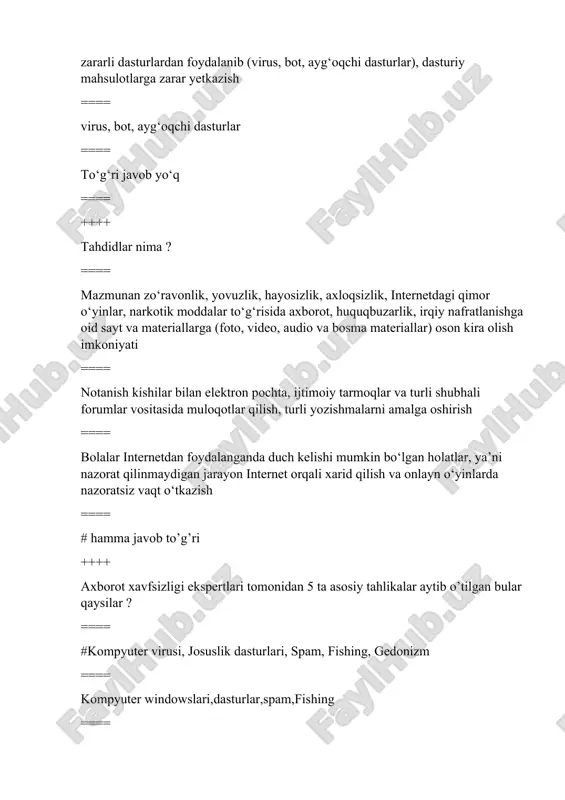 ti haqidagi ma’lumotlarni to‘plash uchun yashirin tarzda o‘rnatiladigan bo‘lib, u, shuningdek, sozlash tizimini o‘zgartirish, foydalanuvchiga bildirmagan holda dasturlar o‘rnatish va uning xattiharakatlari haqida tegishli joyga ma’lumotlarni yuborib turish singari boshqa vazifalarni ham amalga oshiradi ==== zararli materiallarni o‘z ichiga olgan xatlarni ommaviy tarzda jo‘natish odatda rasmiy xabar niqobi ostidagi xat yoki havola. jabrlanuvchi shaxs aldovni sezmasligi uchun sayt yoki xabar aslidagidek (rasmiy) ko‘rinishga ega bo‘ladi ++++ josuslik dasturlari ? ==== #kompyuterga uning konfiguratsiyasi, foydalanuvchi, uning faoliyati haqidagi ma’lumotlarni to‘plash uchun yashirin tarzda o‘rnatiladigan bo‘lib, u, shuningdek, sozlash tizimini o‘zgartirish, foydalanuvchiga bildirmagan holda dasturlar o‘rnatish va uning xattiharakatlari haqida tegishli joyga ma’lumotlarni yuborib turish singari boshqa vazifalarni ham amalga oshiradi ==== zararli dastur turi bo‘lib, o‘zining nusxalarini yarata oladi va boshqa dasturlar kodiga kirib, turli aloqa kanallari orqali o‘zining nusxalarini tarqata oladi ==== zararli materiallarni o‘z ichiga olgan xatlarni ommaviy tarzda jo‘natish ==== odatda rasmiy xabar niqobi ostidagi xat yoki havola …