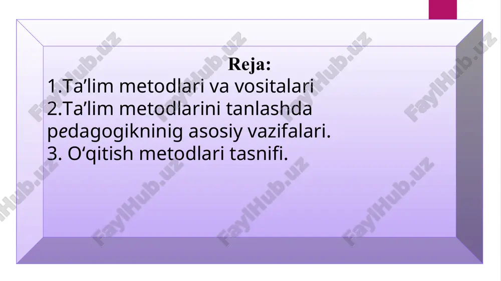 i shakllantirish metodlari; • bilimlarni amaliyotda qo‘llash metodlari. о‘rgatish metodlari о‘rganish metodlari axboriy-ma’lumotli ijro etish (bajarish) tushuntirishli reproduktiv kо‘rgazmali-amaliy ijodiy-amaliy tushuntirishli-undovchi qisman izlanishli undovchi izlanishli ta’limning binar metodlari yaxlit yondashuvga kо‘ra ta’lim metodlari tasnifi о‘quv-bilish faoliyatini tashkil etish va amalga oshirish metodlari. о‘quv-bilish faoliyatini motivatsiyalash va rag‘batlantirish metodlari. о‘quv-bilish faoliyatini nazorat va о‘z-о‘zini nazorat qilish metodlari. о‘rganilayotganlarini о‘zlashtirishga da’vat qilish metodlari yangi materialni anglash metodlari о‘rganilganlarini fikrlashga imkon beruvchi metodlar erkin yozish. klaster. aqliy hujum. b-b-b chizmasi. chalkashtirilgan mantiqiy zanjirlar ketma-ketligi. semantik xususiyatlar tahlili. semantik xususiyatlar tahlili. b-b-b chizmasi. о‘qitish bо‘yicha qо‘llanma. bir-biriga о‘rgatish. bir-biridan sо‘rash. ikki qismli kundaliklar. eng asosiy tushunchalar eng asosiy tushunchalar, takrorlash. t-chizma. konseptual jadval. venn diagrammasi. nilufar guli. besh minutlik esse. о‘n minutlik esse. ta’lim metodlarini tanlab olish shartlari: 1. ta’limning umumiy maqsadlari. 2. fanning va о‘rganilayotgan mavzuning mazmuni hamda о‘ziga xosliklari. 3. biror fanni о‘qitish metodikasining о‘ziga xosliklari. 4. materialni о‘rganishga ajratilgan vaqt. 5. …