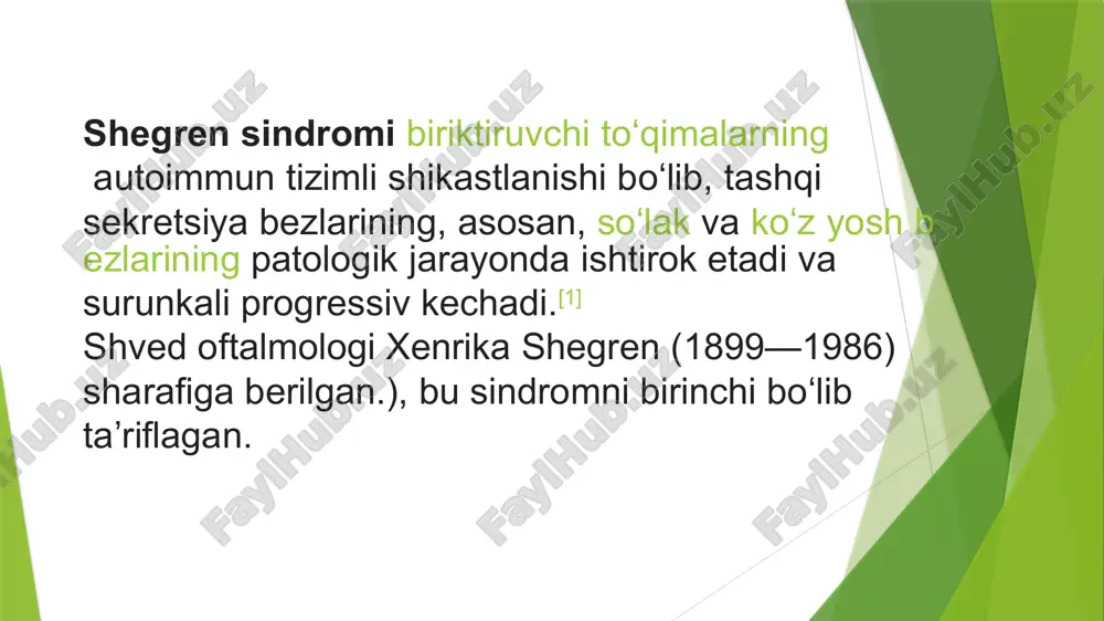 uq koʻz“, quruq koʻzlar). dastlabki bosqichda bemorlar shikoyat qilmasligi mumkin. kasallikning yanada rivojlanishi bilan koʻzlarda yonish hissi, ogʻriq, „qum“ mavjudlik hissi. kserostomiya („quruq ogʻiz“, quruq ogʻiz boʻshligʻi). soʻlak bezlarining shikastlanishi tufayli soʻlakning kamayishi kuzatiladi. surunkali parotit, stomatit, karies rivojlanadi. bemorlar ogʻiz boʻshligʻida kuchli quruqlik, ogʻiz burchaklarida „ovqat qoldigʻi“, gapirishda qiyinchilik va keyingi bosqichlarda hatto ovqatni yutishning buzilishidan shikoyat qiladilar (disfagiya). bundan tashqari, shegren sindromi quyidagilarga zarar yetkazishi mumkin: teri — kuchli quruqlik; burun-halqum — burundagi qobiqlarning shakllanishi, yevstaxiy naychasining zararlanishidan otitning rivojlanishi, sinusitlar; vaginalar — qichishish, ogʻriq; nafas olish tizimi — traxeobronxit; 5.ovqat hazm qilish tizimi — sekretor yetishmovchiligi bilan atrofik gastrit, gipokinetik biliar diskineziya, pankreatit; 6.buyraklar — glomerulonefrit; 7.qon tomirlari — rayno sindromi; 8.periferik asab tizimi — polinevopatiya, yuz va uch shoxli nerv nevriti[4]. koʻpincha kuchning sezilarli pasayishi rivojlanadi, boʻgʻimlarda, mushaklarda ogʻriq. ikkilamchi shegren sindromi boʻlgan bemorlarda tizimli qizil yuguruk, revmatoid artrit yoki tizimli skleroderma kabi asosiy revmatik kasallikning …