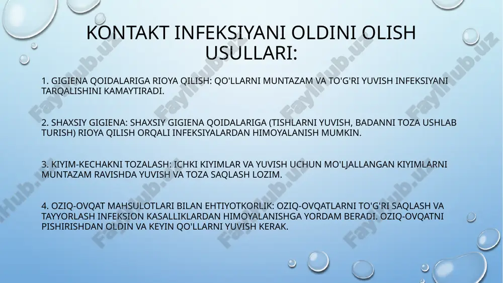alin: formaldegid gazidan foydalanadi. tibbiyotda va boshqa sohalarda ko'plab asboblarni sterilizatsiya qilishda ishlatiladi. - peroksid kislota: asbob-uskunalarni sterilizatsiya qilish uchun ishlatiladigan kuchli kimyoviy moddadir. 3. radiatsiya usullari: - gamma nurlanishi: yuqori energiyali gamma nurlari yordamida o'simliklar va veterinariya buyumlarini sterilizatsiya qilishda qo'llaniladi. - uv nurlanishi: essenatlar va mayda mayda buyumlarni sterilizatsiya qilishda uv nurlari yordamidan foydalaniladi. biroq, bu usul ba'zan hammasini sterilizatsiya qilishda yetarli emas. 4. filtratsiya: - suv va boshqa suyuqliklarni mikroorganizmlardan tozalash uchun foydalaniladi. maxsus porali filtrlardan foydalanib, suyuqlikdan kichik mikroorganizmlarni ajratib olish mumkin. 5. ultrasovuq: - ushbu usul, asosan, biologik materiallar (masalan, qon) va yashil o'simliklarni sterilizatsiya qilishda qo'llaniladi. har bir usul o'ziga xos afzalliklari va cheklovlari bo'lib, qo'llanilishi kerak bo'lgan soha va obyektga qarab tanlanadi. sterillizatsiya jarayonida ehtiyotkorlik va to'g'ri usullarni tanlash muhimdir. sterillizatsiyadan oldingi davrda ishlov berish sterillizatsiya jarayonidan oldin, jihozlarni va materiallarni tayyorlash juda muhimdir. quyidagi bosqichlarni bajaring: 1. oyoqlarni tozalash: har qanday holatda …