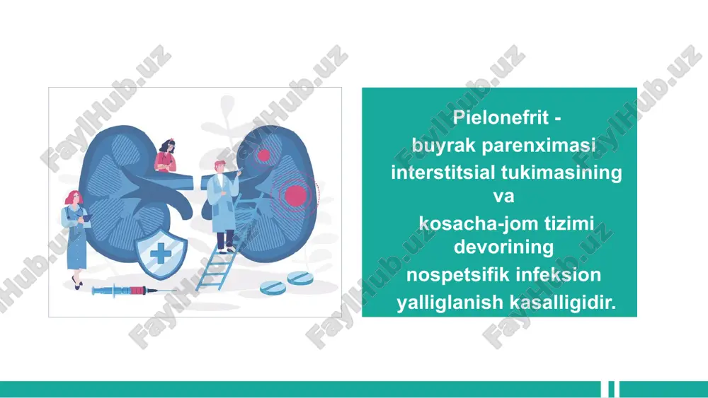 tur va funksional o'zgarishlar bulgan xollarda buyragida o'tkir bakterial infeksiya kuzatilayotgan bemorlarda qo'llaniladi. bu xolat antibakterial terapiya samaradorligini kamaytiradi. pielonefritning boshqa turlari xomiladorlik davri pielonefriti; qandli diabeti bo'lganlar pielonefriti; bolalardagi pielonefrit; qariyalar pielonefriti. o'tkir pielonefritning umumiy simptomlari : qaltirash; • tana xaroratining ko'tarishi; • umumiy xolsizlik; • tez charchab qolish; • terlash; • intoksikatsiyaning boshqa simptomlari. o'tkir pielonefritning maxalliy simptomlari: bel soxasidagi og'rik; buyrakni paypaslaganda og'rik; “tukullatish” simptomining musbatligi; skolioz; zararlanish tarafida mushaklarning taranglashishi; dizuriya. o'tkir pielonefritda simptomlar triadasi: • tana xaroratining yukoriligi (gektik xarakterda); • bel soxasidagi og'riq; • siydikdagi xarakterli o'zgarishlar (piuriya va bakteriuriya). pielonefritni tashxislash • anamnez. • siydikda «indikator-qogoz» yordamida piuriya va gematuriyaning mavjudligini aniklash. • siydikni bakteriologik ekish va qo'zgatuvchilarning antibiotiklarga sezuvchanligini aniklash. • yuqori siydik yo'llari ultrasonografiyasi. • umumiy urografiya - ko'rsatmalar bo'lganida. • davolash fonida 72 soat davomida tana harorati yuqoriligicha qolaversa, bu holda asoratlovchi omillarni aniqlash maqsadida quyidagi tekshiruvlar o'tkaziladi: • - …