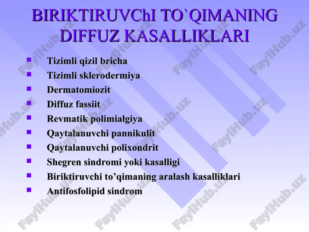 ko’rinishida bo`ladi. tqb ning klinik belgilari teri zararlanishi– 90% bemorlarda 20-25% holatlarda teri sindromi kasallikning dastlabki belgisi. tayanch-harakat tizimining zararlanishi – artralgiyalar – artritlar 90-100% bemorlarda mialgiyalar – 35-45% bemorlarda yurak zararlanishi – perikardit miokardit libman – saks endokarditi pankardit o`pkalar zararlanishi 50-80% - quruq va ekssudativ plevrit lyupus pnevmonit oshqozon-ichak yo`llari zararlanishi – 50% hollarda buyraklar zararlanishi nefrit minimal peshob sindromi bilan nefrit nefrotik sindrom bilan faol lyupus-nefrit ifodalangan peshob sindromi bilan 1/3 bemorlarda asab tizimi zararlanishi periferik va bosh miyadan chiquvchi nervlar – 1/3 bemorlarda xoreya tirishish sindromi ruxiy buzilishlar organik miya simptomlari tizimli qizil bo`richa tashxisiy mezonlar: 1. yanoq soxasidagi toshmalar. yanoq yoyida joylashgan, burun-yonoq burmasiga tarqalish tendensiyasiga ega. yassi yoki bo`rtib turuvchi eritema. 2. diskoid toshmalar. teri buzilishlariga ega bo`rtib turuvchi eritramatoz toshmalar. eski o`choklarda esa atrofik chandiqlar uchraydi. 3. fotosensibilizasiya. anamnezida yoki vrach kuzatuvida kuyosh nurlanishiga noodatiy reaksiya natijasida terida toshmalar paydo buladi. 4. og`iz …