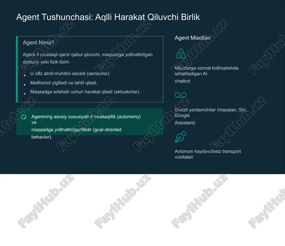 minlaydi. bank va moliya mijozlarga avtomatik yordam ko8rsatish, shaxsiylashtirilgan to8lov eslatmalari va firibgarlikni aniqlash. aqlli shahar boshqaruvi transport oqimini dinamik boshqarish, tezkor javob choralarini ko8rish va infratuzilmani optimallashtirish. elektron savdo (e-commerce) mijoz so8rovlarini avtomatik ajratish va turli mutaxassis agentlar yordamida tez va aniq hal qilish. zamonaviy mas: llm asosidagi agentlar inqilobi katta til modellari (llm) agentlarga inson nutqini tushunish va tabiiy muloqot qilish imkonini beradi. maxsus nutq tanish va sintez texnologiyalari orqali, agentlar o8zbek tilida yuqori sifatda xizmat ko8rsatishga qodir. mahalliy agentlar misoli markaziy osiyoda, xususan o8zbekistonda, til xususiyatlarini inobatga olgan holda maxsus ai agentlar yaratilmoqda. masalan, tbc uzbekistan bilan hamkorlikda ishlab chiqilgan ovozli ai agentlar amaliyotda katta yutuqdir. mas xavfsizligi va potensial muammolari agentlarning o8zaro ishonchga asoslangan muloqoti yangi xavfsizlik muammolarini keltirib chiqaradi. ishonch zaifligi agentlar orasidagi muloqot kanallari buzilgan taqdirda, noto8g8ri ma9lumotlar tarqalishi va tizim ish faoliyatining buzilishi xavfi mavjud. ma9lumotni zaharlash (data poisoning) rag (retrieval-augmented generation) kabi …