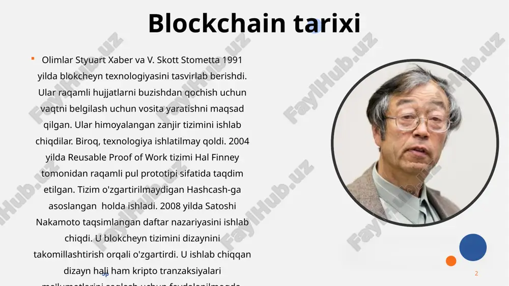 oshqariladigan) blokcheynlar xususiy blokcheynlar ommaviy bloklarga qaraganda ancha tezroq, ular kamroq ishtirok etgan tugunlar tomonidan ta'minlanadi. jamoatchilikka kirish cheklangan, faqat markaziy organ kim tugun bo'lishi mumkinligini aniqlaydi. 3. konsortsium blokcheynlari federatsiya blokcheynlari kamdan-kam hollarda kriptovalyutaga qaratilgan va ko'pincha blokcheynga asoslangan boshqa loyihalar uchun tashkil etiladi. bu zanjirlar tashkilotlar guruhlari tomonidan boshqariladi. 4. gibrid blokcheynlar gibrid blokcheynlar bitta tashkilot tomonidan boshqariladi, lekin barcha aktsiyadorlar bilan muloqot qilish imkoniyatiga ega. blockchain turlari 22.09.2020 годовой обзор ‹#› blokcheyn texnologiyasining boshqa kriptoalgoritmlardan farqi shundan iboratki, blokcheyn bloklariga kiritilgan ochiq yoki maxfiy axborotlarni o’zgartirish, o’g’irlash va shunga o’xshash kripto hujumlarni amalga oshirirsh kriptoanalitiklarga yaxshi natija bermaydi. bu deganimiz kriptoanalitiklar blokcheyn zanjirlaridagi ma’lumotlarga ziyon keltirishi mumkin emas. blokcheyn teaxnologiyasi – bu har bir blok oldingi blokiga bog’liq bo’lgan ma’lumotlar bloklarini zanjiri hisoblanadi. blockchain tizimi 22.09.2020 годовой обзор ‹#› blokcheyn kamida bitta foydalanuvchi mavjud tizimdan ixtiyoriy sondagi foydalanuvchi tizimlarigacha qo’llaniladi. bunda har bir yangi foydalanuvchi bu tizimni …