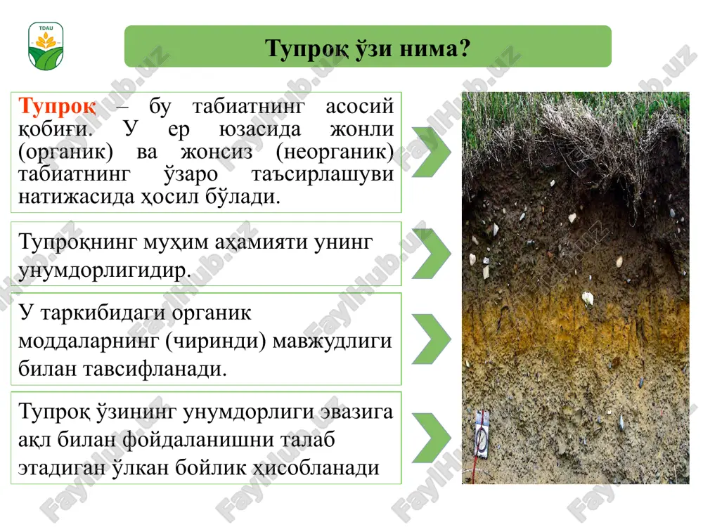 hujayrali foto va kimyosintetik avtotroflar (erishish qiyin bo'lgan azot, fosfor, kaliy) yerdagi o'simliklarning turi, ularning kimyoviy tarkibi va yer osti suvlarining kimyoviy tarkibi tuproq turiga, ularning kimyoviy tarkibiga bog'liq. tuproq qatlami yer kurrasi bilan atmosfera o'rtasidagi muvozanatni — murakkab moddalar almashinuvi, energiya ajralishini hamda biosferadagi jonivorlarning yashash tarzi mutanosibligini saqlab turadi. har qanday salbiy ta'sir tashqi muhit tabiiyligiga putur yetkazishi mumkin. organizmga tuproq orqali zaharli moddalar tushishining biologik tarixini quyidagicha ifodalash mumkin. 1. odam — tuproq, bunda patogen mikroblar, gijja va uning tuxumlarining organizmga tushishi katta xavf tug'diradi, bunday sharoit shaxsiy gigiyena qoidalarini qo'pol buzilganda kuzatiladi. 2. tuproq — atmosfera havosi — odam. bunday hol tuproqning yuqori darajada organik birikmalar, atmosferani radioaktiv moddalar hamda zaharli birikmalar bilan bulg'anishi natijasida organizmga salbiy ta'sir ko'rsatishi mumkin. 3. tuproq—yer osti suvlari—odam. tuproq tarkibidagi tuzlar, radioaktiv moddalarning suv bilan yer osti suvlariga qo'shilishi va bu suvning iste'mol qilinishi kasallikka sabab bo'lishi mumkin. 4. tuproq …