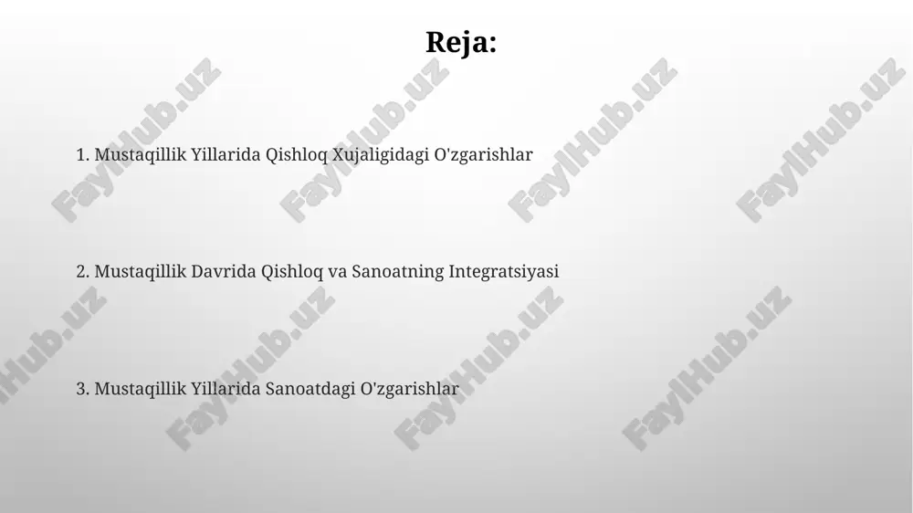 ning roli 1960-yillar davomida paxtachilikda kimyoviy oʻgʻitlarning keng qoʻllanilishi hosildorlikni oshirgan bo'lsa-da, ekologik muammolarni ham keltirib chiqargan. qishloq xoʻjaligida traktorlar sonining 1991 yildan keyin 2 barobarga kamaygani, bu esa hosildorlikka salbiy taʼsir koʻrsatganini koʻrsatadi. yengil sanoatning rivojlanishi 90-yillardan boshlab yengil sanoatda xususiylashtirish jarayoni boshlanib, kichik va o'rta biznes korxonalarining soni 5 barobar oshdi, raqobat muhitini shakllantirdi. yengil sanoatda paxta tozalash zavodlari soni mustaqillik yillarida 100 dan ortiqqa yetdi, bu esa xomashyo qayta ishlash hajmining sezilarli darajada oshishiga olib keldi. mustaqillik yillarida qishloq xo'jaligining o'zgarishi mustaqillik yillarida paxtachilikdan boshqa ekinlarning yetishtirilishi sezilarli darajada oshdi, masalan, g'alla yetishtirish 20% ga ko'paydi. davlat tomonidan qishloq xo'jaligini qo'llab-quvvatlash uchun 1500 dan ortiq zamonaviy texnika va 3000 dan ortiq irrigatsiya inshootlari ta'mirlandi yoki yangidan qurildi. chorvachilikning zamonaviylashuvi chorvachilikda intensiv usullarni qo'llash 20% ga hosildorlikni oshirdi, bu esa yem xarajatlarini samarali boshqarish va zamonaviy texnologiyalarni joriy etish natijasidir. genetika tanlash orqali sut va go'sht mahsulotlarining sifati …
