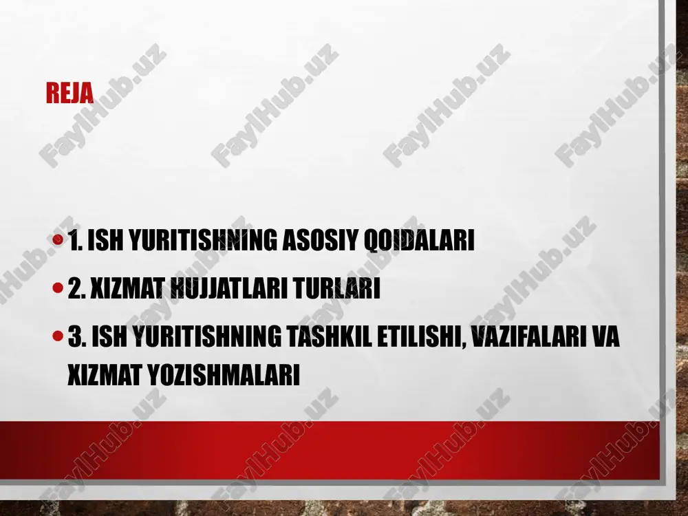 kllar: shablon va metadata talablar tahrir, leksika va rasmiy uslub me’yorlari diagramma — hujjat turlari ulushi shartli taqsimot: buyruq/ko‘rsatma/dalolatnoma/xizmat xati/hisobot 3. tashkil etish, vazifalar va xizmat yozishmalari jarayon bosqichlari, rol va javobgarlik, arxivlash 3.1 jarayon bosqichlari qabul qilish → ro‘yxatga olish → yo‘naltirish → ijro → nazorat → arxiv muddatlar: ijro grafigi va eslatmalar sifat nazorati: nusxa, skan, elektron fayl formatlari (pdf/a) qaytarish va tuzatish sikli 3.2 rollar va javobgarlik kantselyariya: reyestr va muomala bo‘lim boshliqlari: yo‘naltirish, tasdiq va nazorat ijrochilar: bajarish, hisobot va dalillarni taqdim etish arxivchi: fondlar, ro‘yxatlar va saqlash muddati 3.3 xizmat yozishmalari me’yorlari sarlavha va kirish qismi, asosiy matn, xulosa/so‘rov stilistika: aniq, lo‘nda, faktlarga tayanish imzo, lavozim, aloqa va ilovalar ro‘yxati elektron yuborish va qabul qilish protokoli bosqichlar — vaqt ulushi jarayon bosqichlari bo‘yicha shartli vaqt taqsimoti xulosa va tavsiyalar standartlashtirilgan shablonlar ish sifatini va tezligini oshiradi elektron e-ims tizimida ijro intizomini avtomatik nazorat qilish arxivlashda …