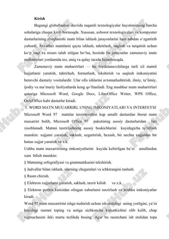 kiradi. word 97 matn muxarririni ishga tushirish uchun ish stolidagi uning yorligini, ya’ni kuyidagi rasmni toping va ustiga sichkoncha kursatkichini olib kelib, chap tugmachasini ikki marta tezlikda bosing. agar bu rasmchani ish stolidan topa olmasangiz, ekranning kuyi kismida joylashgan satr (masalalar paneli)dagi «pusk» menyusi ustiga sichkoncha kursatkichini olib kelib chap tugmachasini bir marta bosing. natijada kuyidagi oyna namoyon buladi . ochilgan menyudan «programmo’» kismini, sungra ung tomonda xosil bulgan ruyxatdan microsoft word katorini tanlang va sichkonchaning chap tugmachasini bir marta bosing. bu amallarni bajargandan sung word 97 matn muxarriri ishga tushadi va microsoft word interfeysi oynasi paydo buladi . kulaylik yaratish maksadida ba’zi atamalarni kelishib olishimiz lozim. «sichkonchaning chap tugmachasini bosamiz» jumlasini «sichkonchani bosamiz» deb aytamiz. agarda sichkonchaning ung tugmachasini ishlatish zaruriyati tukilib kolsa, bu xolni aloxida ta’kidlab ketamiz. biror buyrukni, suzni yoki tugmachani «faollashtiramiz» («aktivlashtiramiz») deganda ular ustiga sichkoncha kursatkichini olib kelib, chap tugmachasini bir marta bosish nazarda tutiladi. …