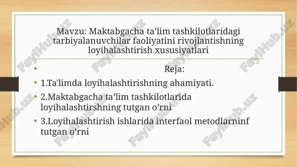 vositalar,usullar yig’indisi bilan tavsiflanadi va belgilanadi. loyihalash jarayoning mahsuli ta’lim –tarbiya jarayonining loyihasi sanaladi. ta’lim jarayonini texnologiylashtirish: 1 –bosqich-loyihani yaratish. 2-bosqich- oʻquvchilar faoliyatini tashxislash 3-bosqich- pedagogik jarayonni tashkil etish. 4-bosqich- pedagogik jarayonning samarali kyechishini ta’minlash. 5-bosqich- oʻquvchilar faoliyatini nazorat qilish interfaol metodlar konstruktivizm nazariyasi bilan bog’liq bo’lib, bu metodlardan amalda foydalanishda konstruktivizmning quyidagi asosiy xulosalarini hisobga olish lozim: o’quvchi o’zi o’rganishi kerak, aks holda unga hech kim hech narsani o’rgata olmaydi; o’qituvchi o’quvchilarga bilimlarni «kashf qilishga» yordam beradigan jarayonni xulosa qiladigan bo’lsak: bu faoliyat natijasida bolalar hozirgi shiddat bilan rivojlanib borayotgan davrda har tomonlama bilim,ko’nikmalarini o’zlashtirib boradilar va maktab ta’limiga tayyor bo’lib boradilar,bu esa tarbiya va ta’lim rivojlanishiga va davlatimiz ravnaqiga ham o’z hissasini qo’shadi e'tiboringiz uchun rahmat! image5.png image6.png image7.png image8.png image9.png image10.png image11.png image3.png image4.png /docprops/thumbnail.jpeg