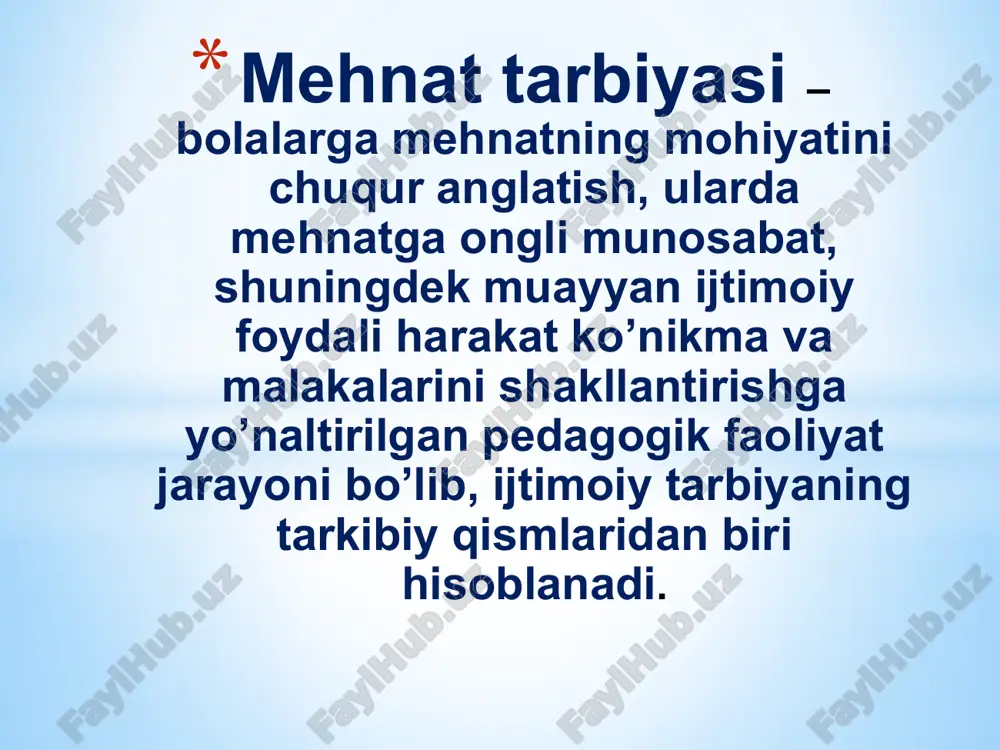 lalar ilk yoshdan boshlab mustaqil ovqatlanish, yuvinish , kiyinish, o’yinchoqlarni yig’ishtirib quyishga o’rgatiladi . o’z o’ziga xizmat qilish jarayonida bolalarda mustaqillik, ma’lum maqsad bilan harakat qilish kabi sifatlar shakllanadi. tabiatdagi mehnat. bolalarning har tomonlama rivojlanishida muhim ahamiyatga ega bo’lib , o’simlik va hayvonlar , yil fasllari, jonsiz tabiat to’g’risidagi bilimlar manbai, bolalarda mehnatsevarlikni tabiatga ehtiyotkorona munosabatlarni tarbiyalashda muhim sanaladi. mehnat qurollari bilan tanishtirish ham tabiatdagi mehnat bilan bog’liq tarzda olib boriladi. xo’jalik maishiy mehnat bolalar bog’chasida va oilada olib boriladi . uning mazmuni har xil bo’ladi: xona va bog’cha maydonchasini yig’ishtirish, choy idishlarni, idish tovoqlarni yig’ishtirish, qo’g’irchoq kiyimlarini, mayda narsalarni yuvish, mashg’ulotlarga kerakli materialarni tayyorlab quyish, mashg’ulotdan keyin stol ustidagi narsalarni yig’ishtirib quyish. e’tiboringiz uchun rahmat. image2.jpeg image3.jpeg image4.jpeg image5.jpeg image6.jpeg image7.jpeg image1.jpeg /docprops/thumbnail.jpeg